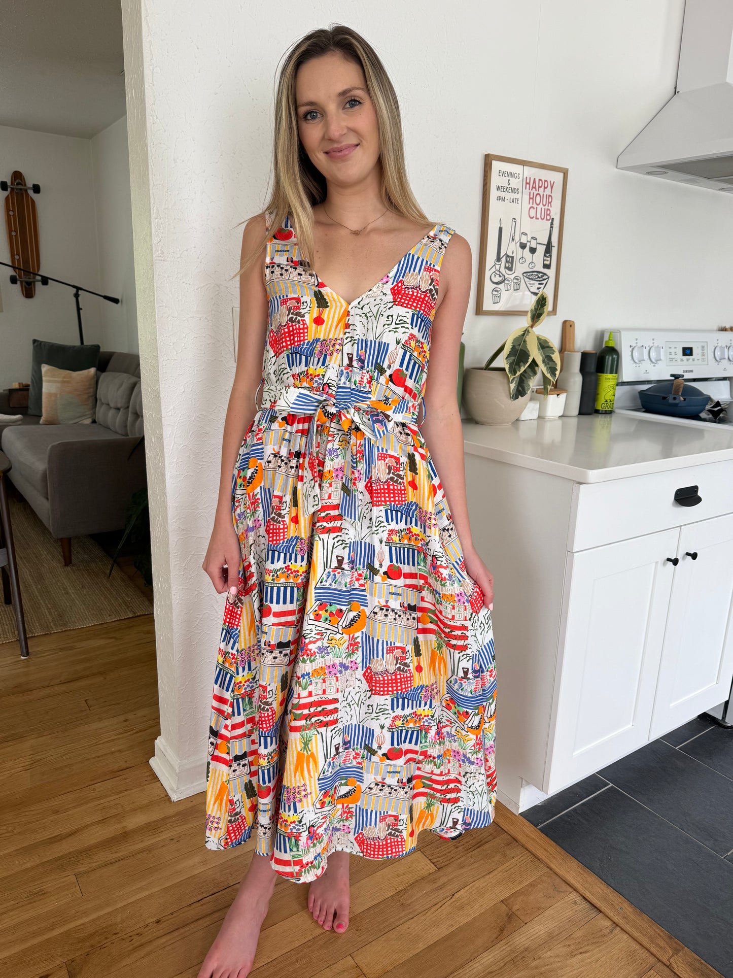 FRNCH Esther Market Print Pintuck Sleeveless Midi Dress