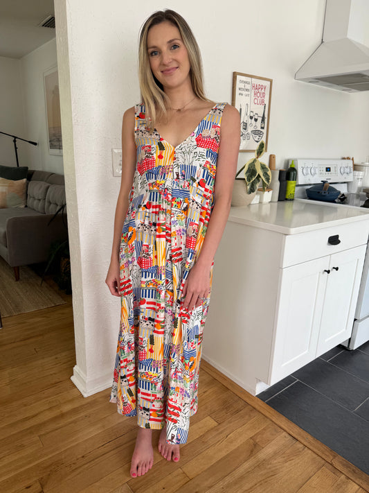 FRNCH Esther Market Print Pintuck Sleeveless Midi Dress