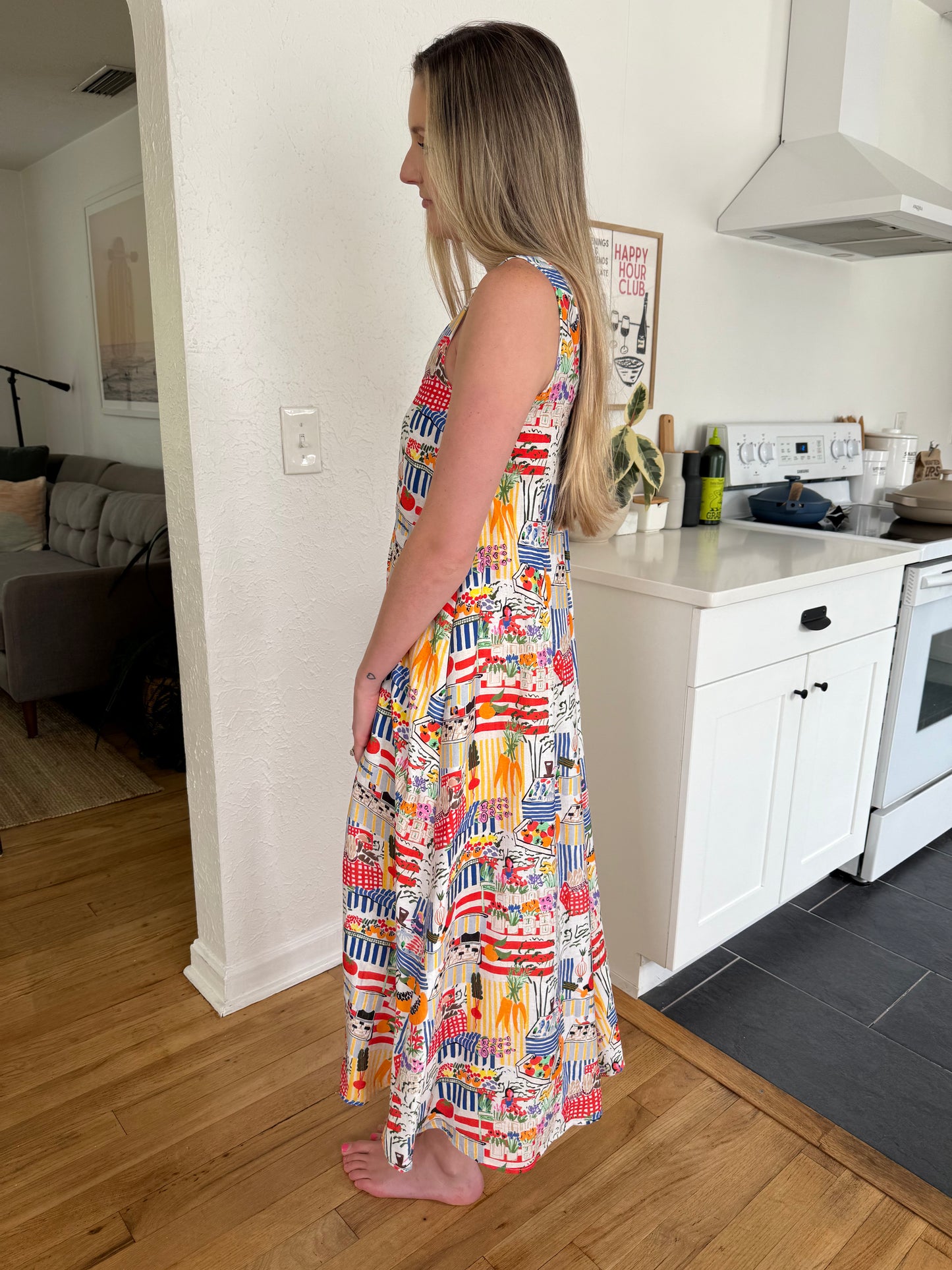 FRNCH Esther Market Print Pintuck Sleeveless Midi Dress