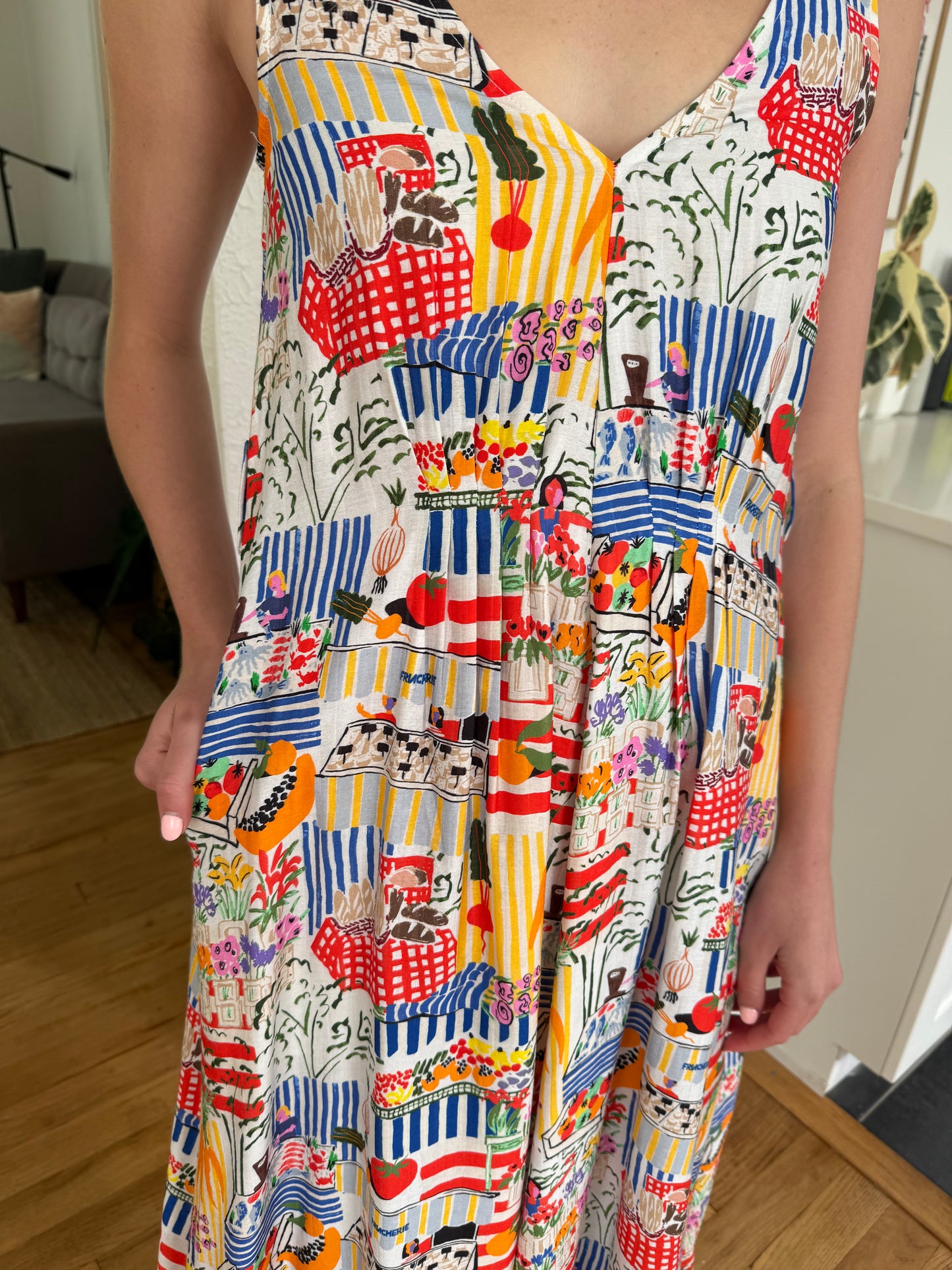 FRNCH Esther Market Print Pintuck Sleeveless Midi Dress