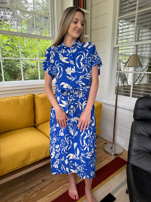 FRNCH Isola Blue Seaside Print Collared Midi Dress