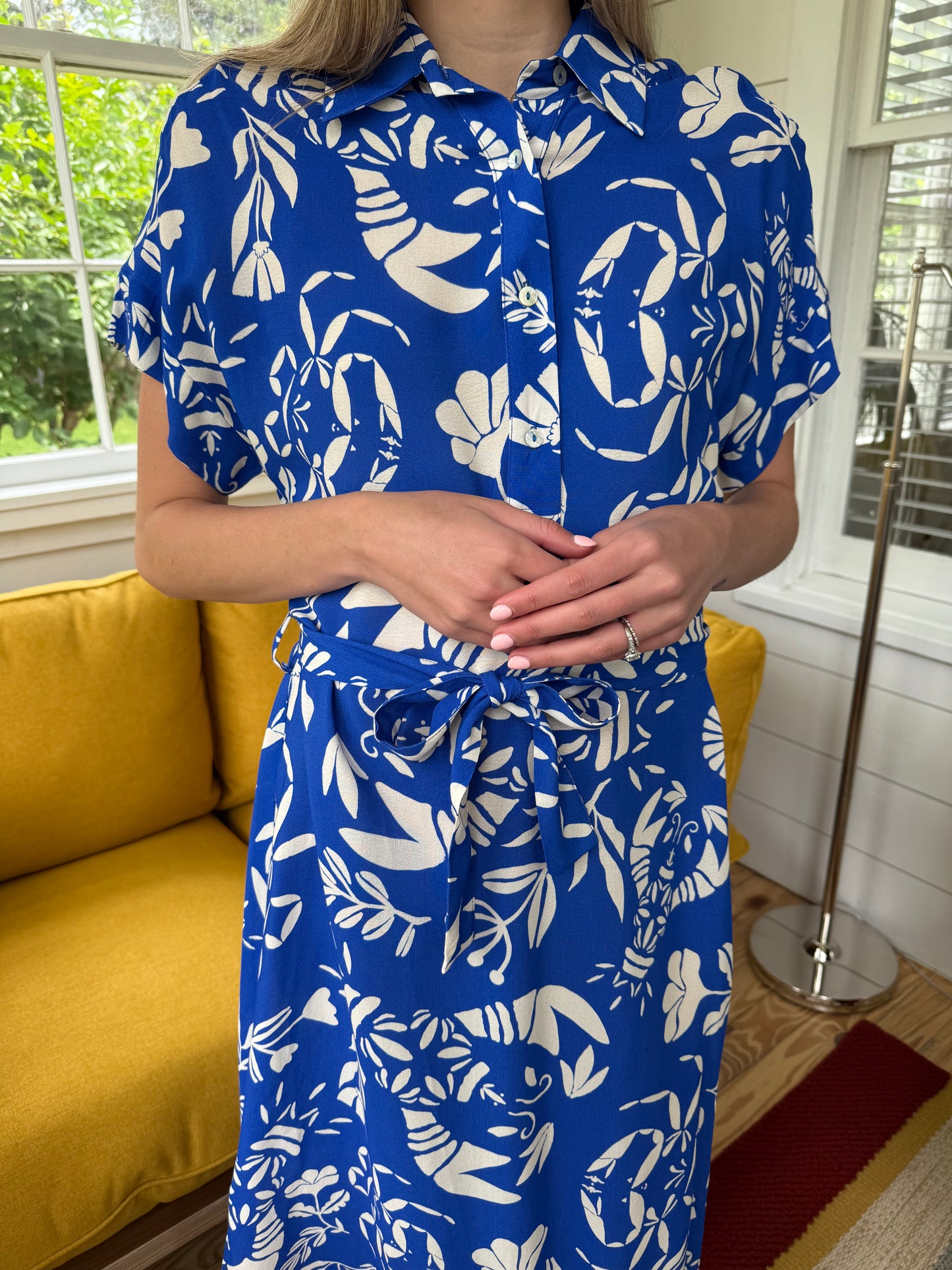 FRNCH Isola Blue Seaside Print Collared Midi Dress