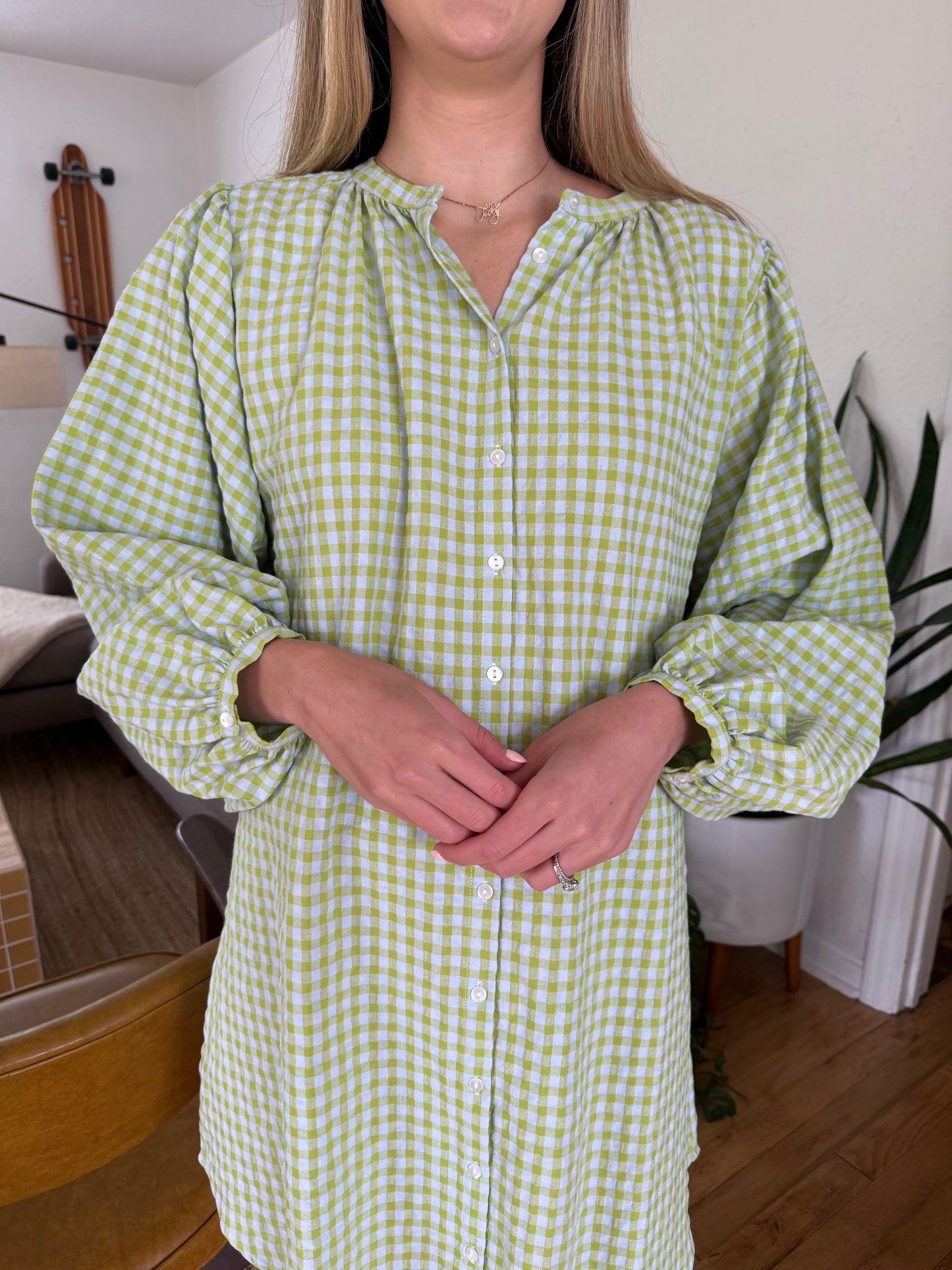 FRNCH Noely Green and Blue Gingham Buttoned Mini Dress