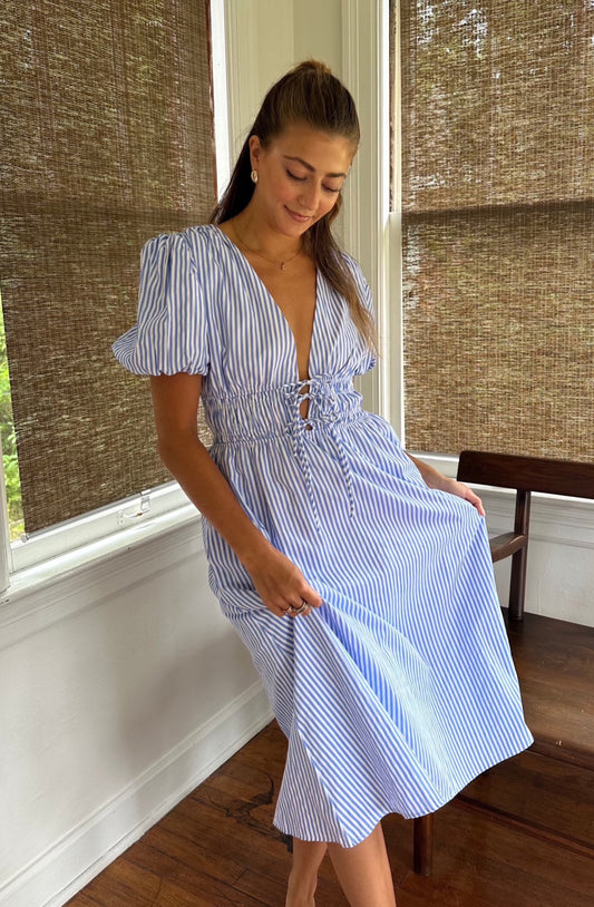 Aureum Renata Blue Striped Plunge Midi Dress