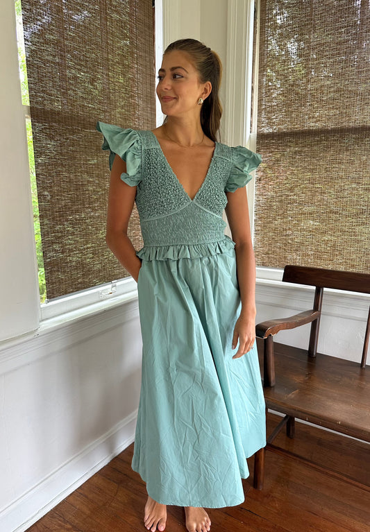 Aureum Robin Sage Smocked Flutter Sleeve Midi Dress