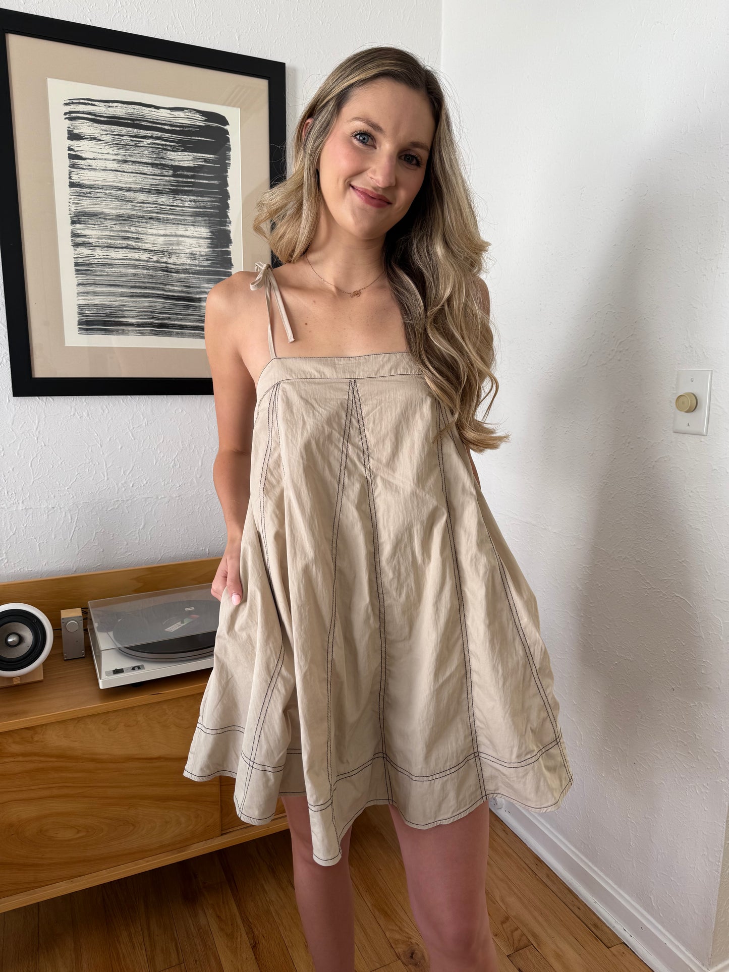 Freddie Contrast Stitch Tie Strap Mini Dress (Tan)