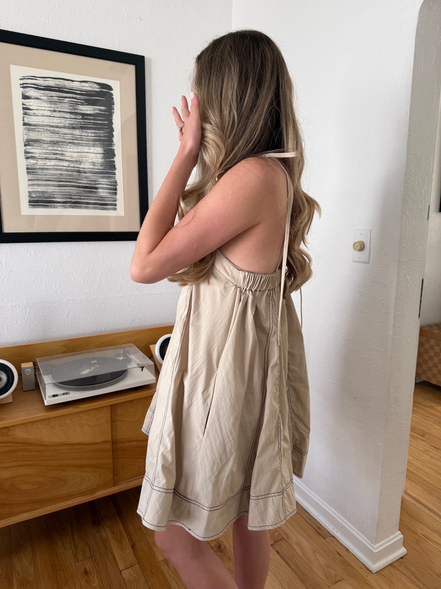 Freddie Contrast Stitch Tie Strap Mini Dress (Tan)