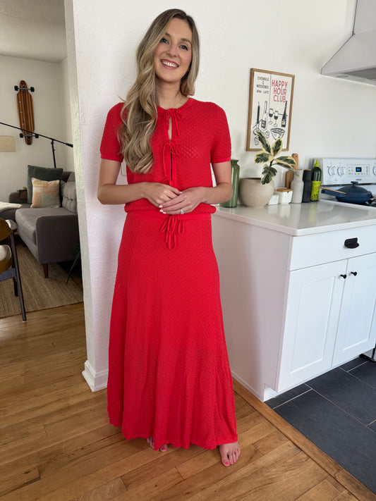 FRNCH Aelis Red Crochet Tie Waist Midi Skirt (M)