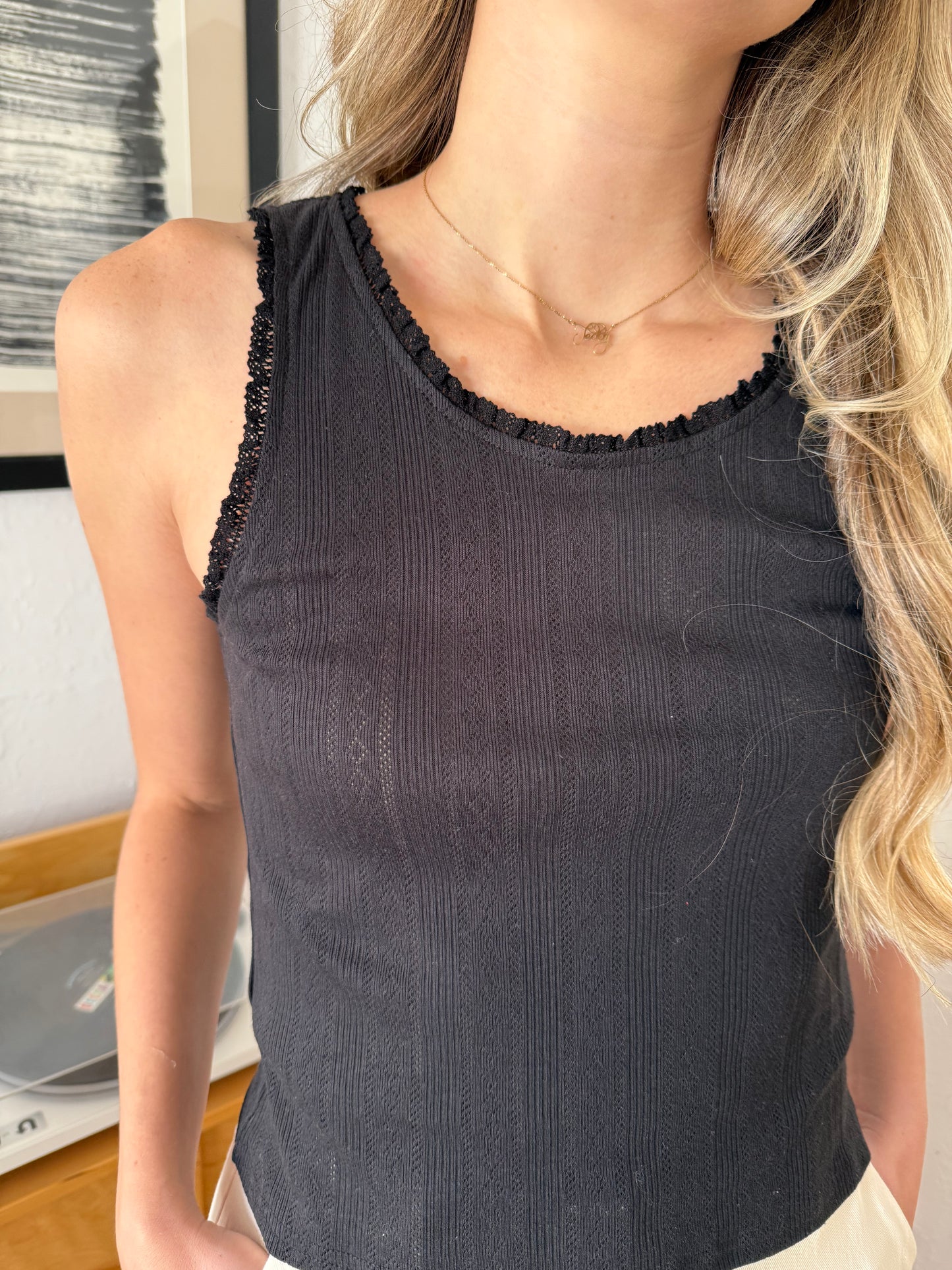 Miou Muse Freya Cotton Pointelle Tank Top (Black)