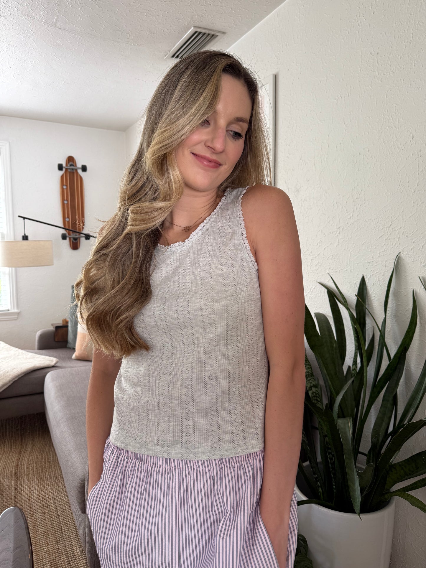 Miou Muse Freya Cotton Pointelle Tank Top (Grey)
