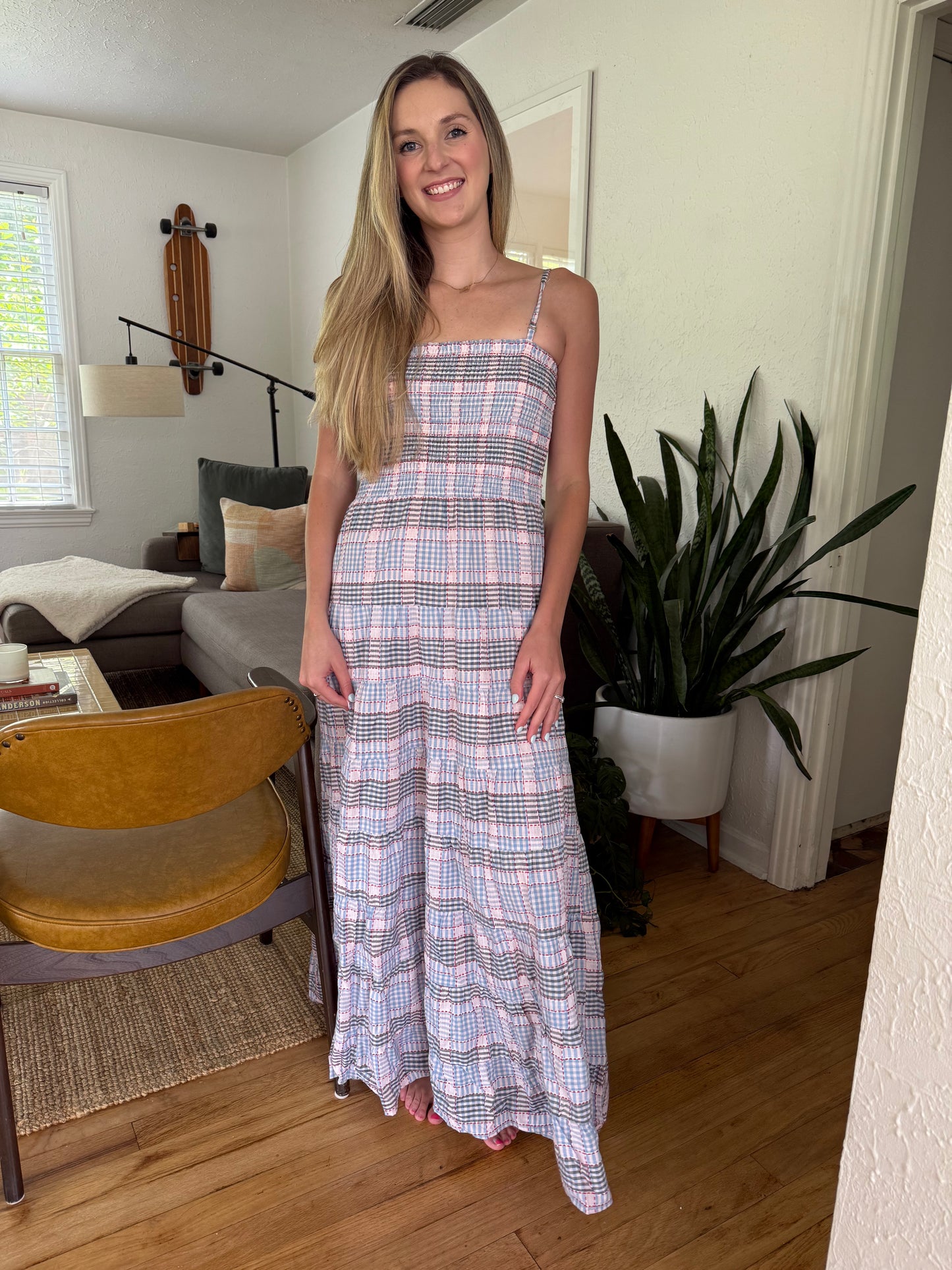 FRNCH Dalel Americana Gingham Print Shirred Maxi Dress