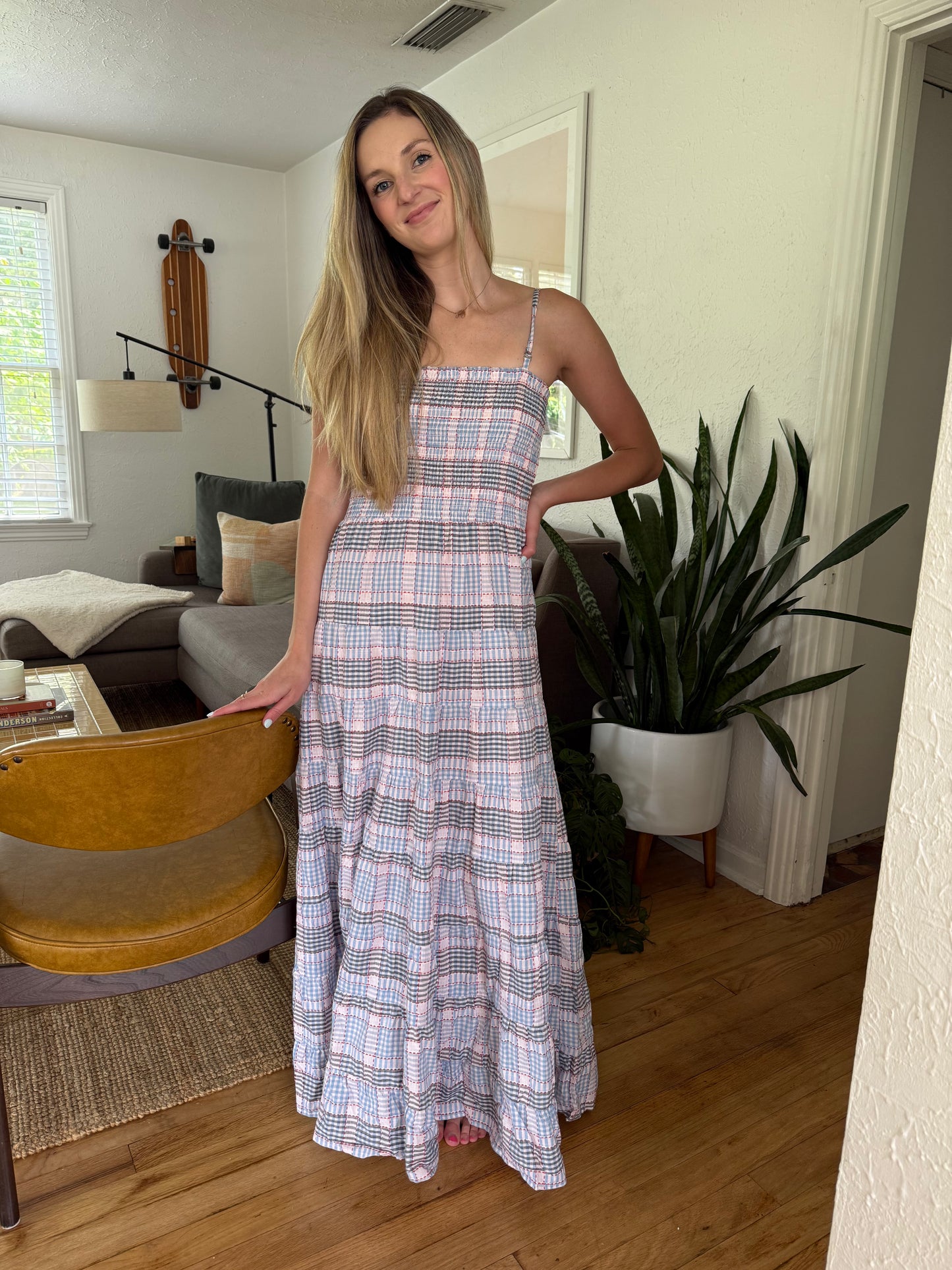FRNCH Dalel Americana Gingham Print Shirred Maxi Dress