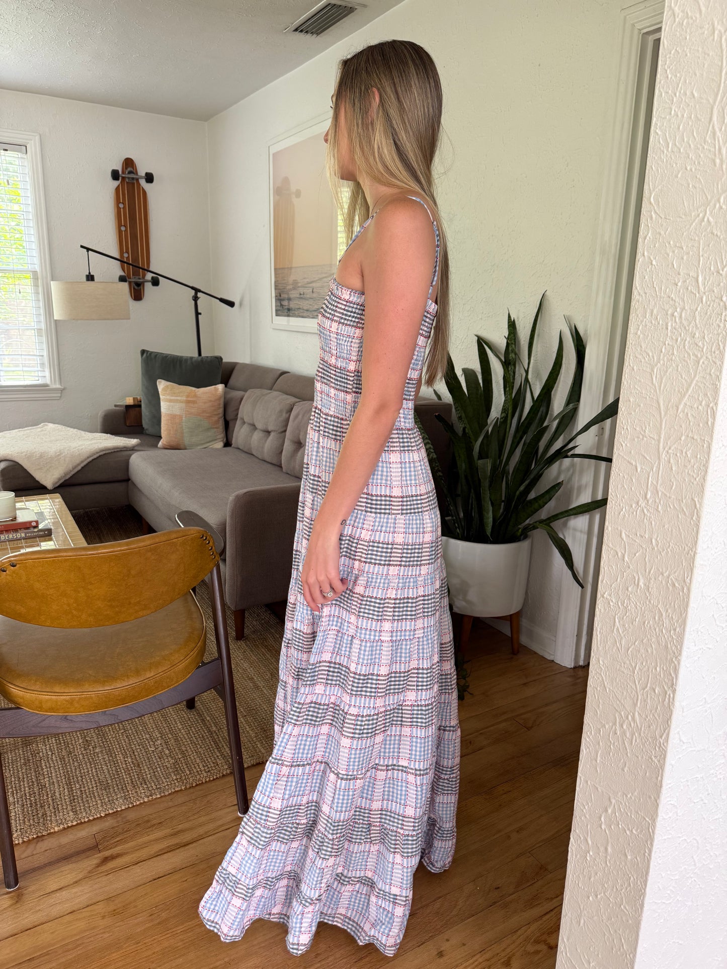 FRNCH Dalel Americana Gingham Print Shirred Maxi Dress