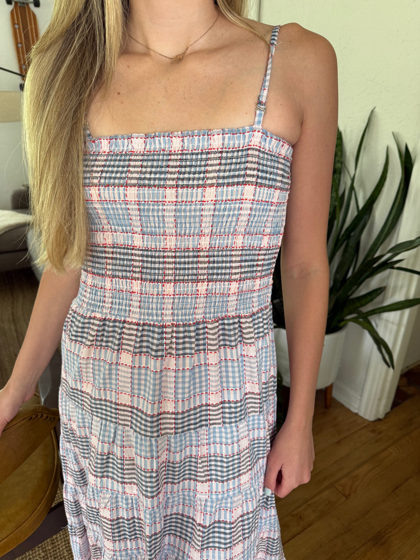 FRNCH Dalel Americana Gingham Print Shirred Maxi Dress