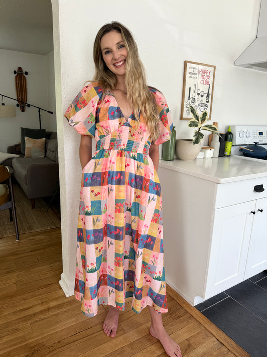 Haven Floral Patchwork Puff Sleeve Midi Dress