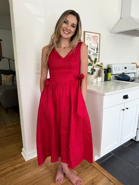 Sofie the Label Ellis Red Linen Bow Waist Midi Dress (S)