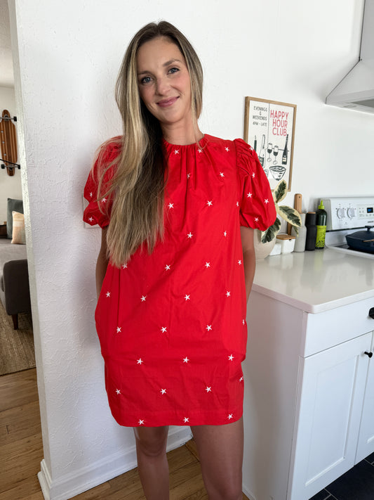 PINCH Jade Red Star Printed Puff Sleeve Mini Dress