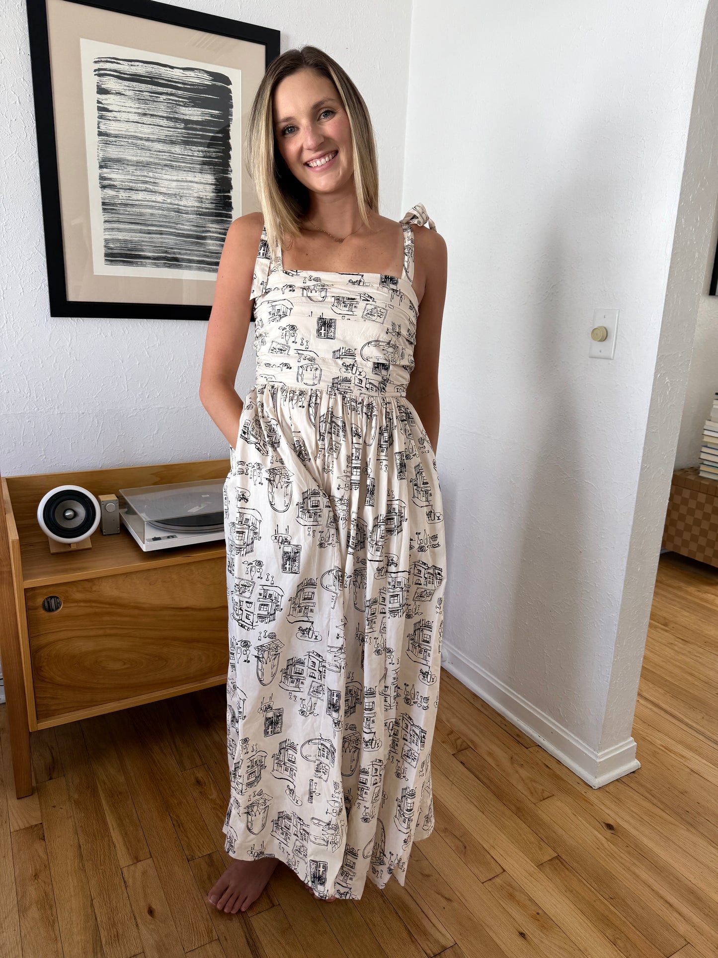 Miou Muse Josie Italian Sketch Printed Tie Strap Midi Dress