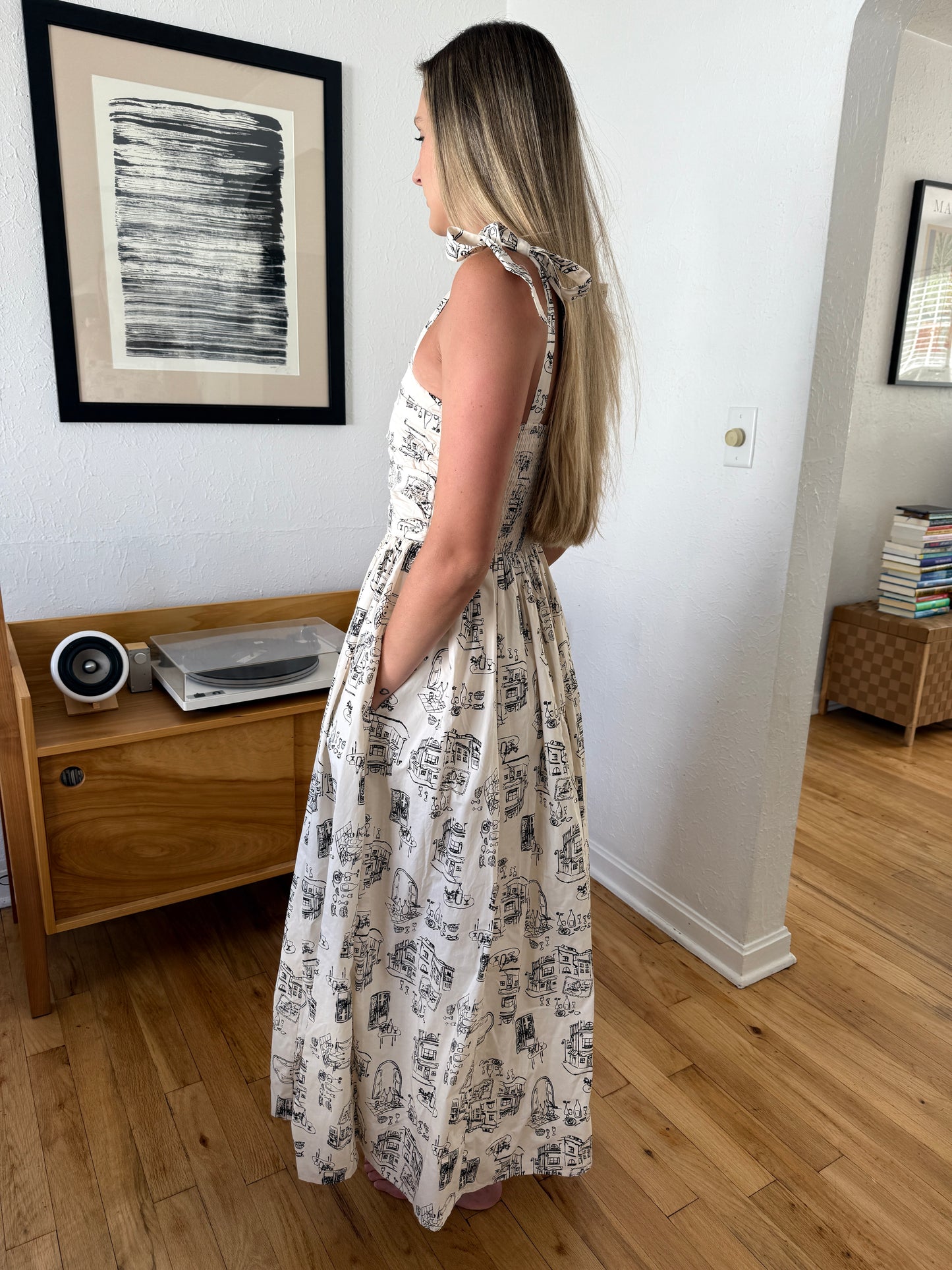 Miou Muse Josie Italian Sketch Printed Tie Strap Midi Dress