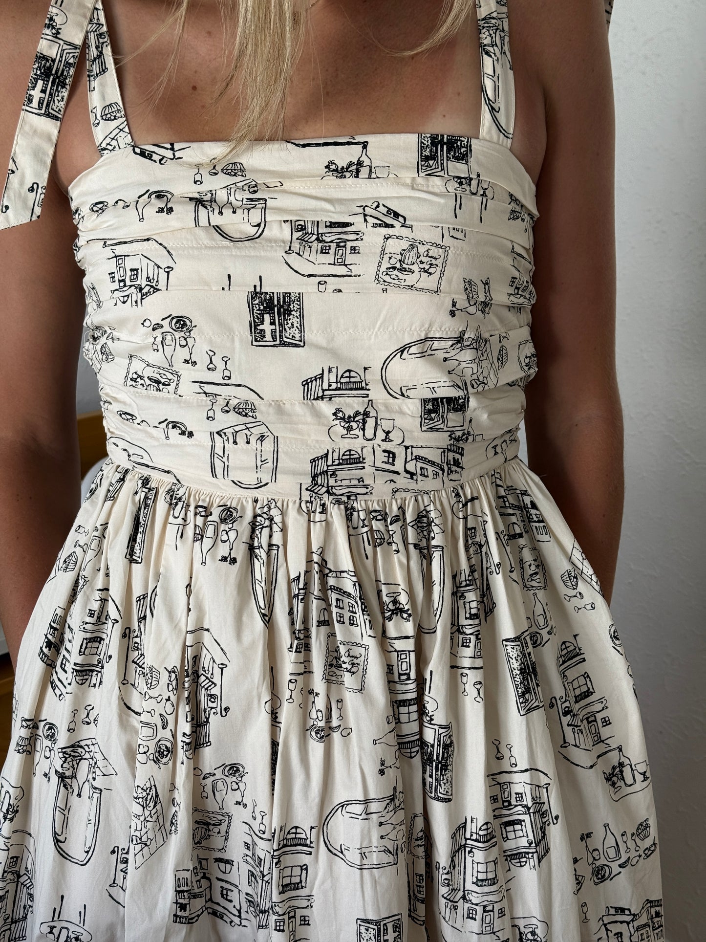 Miou Muse Josie Italian Sketch Printed Tie Strap Midi Dress