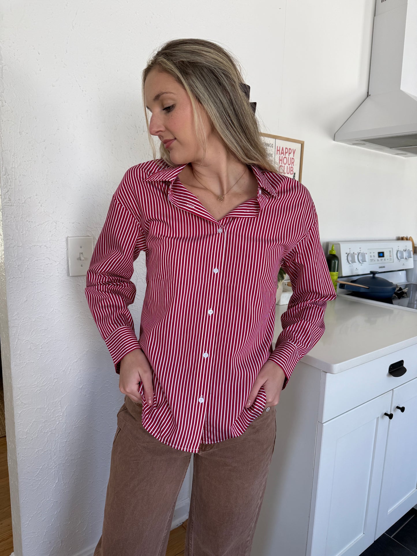 Aureum Nessa Red and White Striped Long Sleeve Button Top