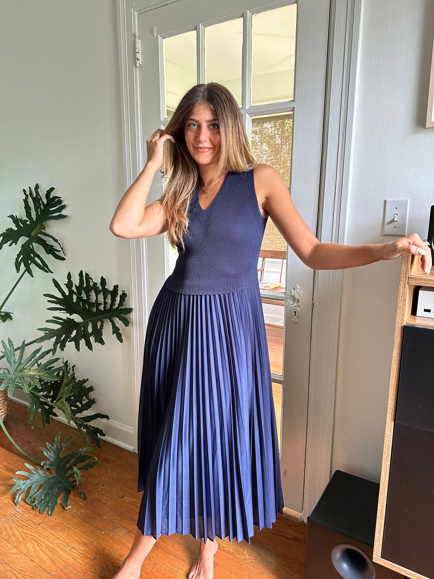 Current Air Cari Ribbed Contrast Pleated Midi Dress