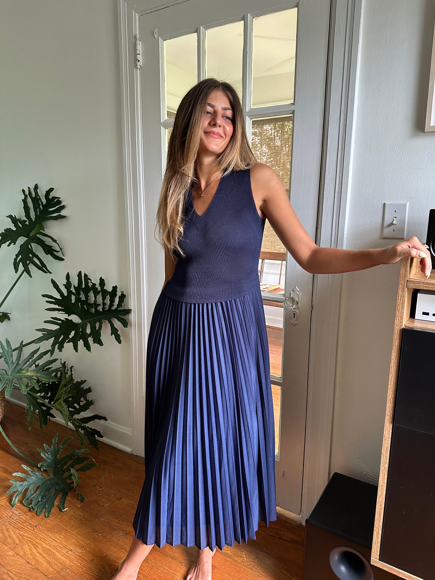 Current Air Cari Ribbed Contrast Pleated Midi Dress