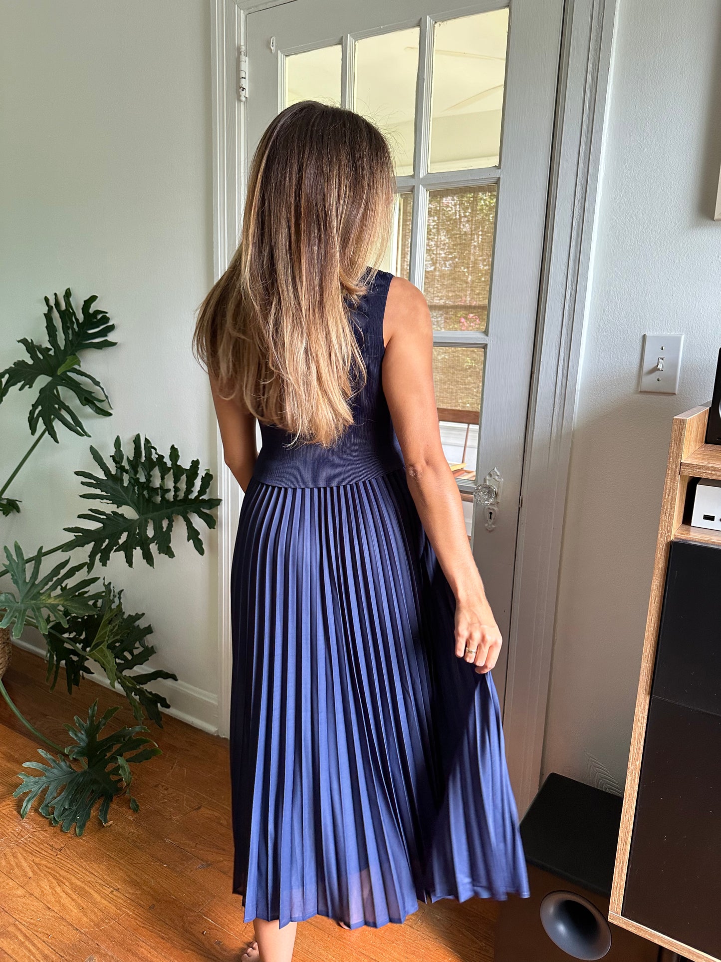 Current Air Cari Ribbed Contrast Pleated Midi Dress