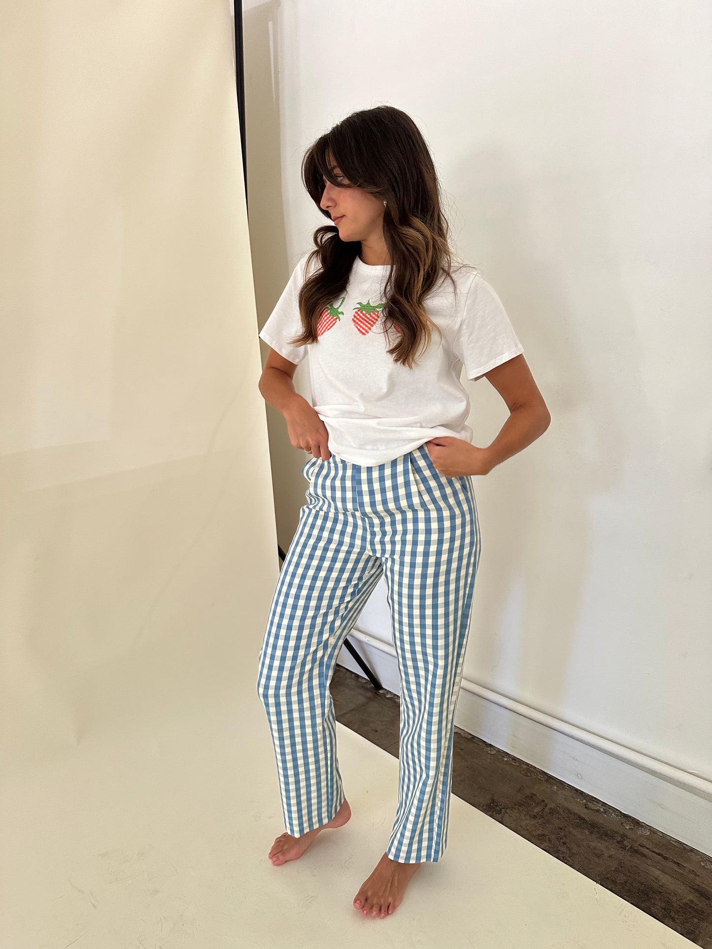 Dana Blue and Cream Gingham Straight Trouser Pants