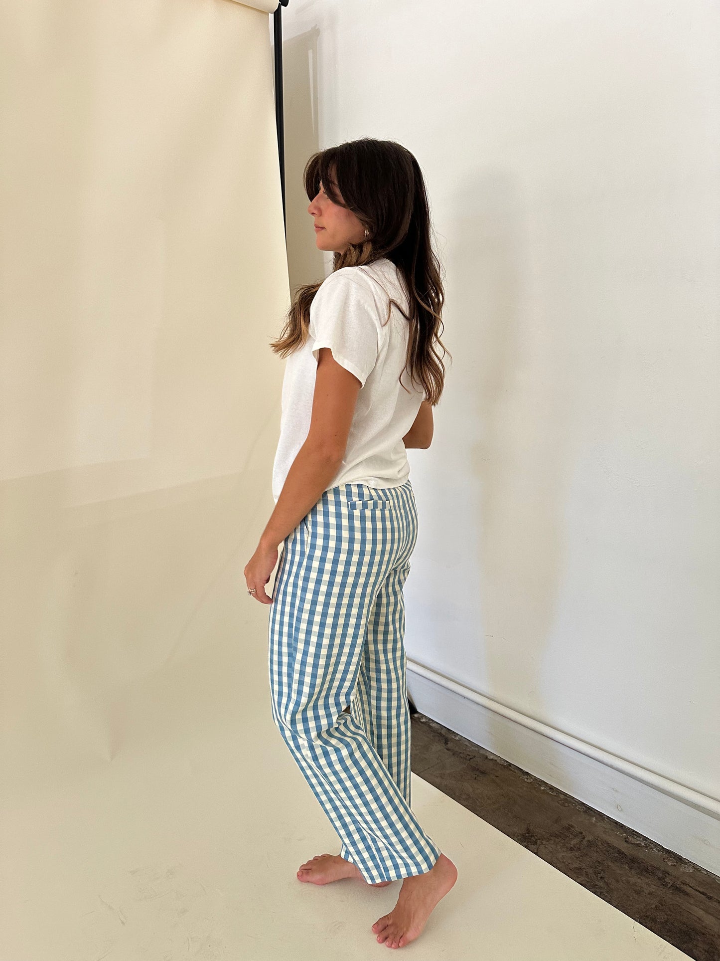 Dana Blue and Cream Gingham Straight Trouser Pants