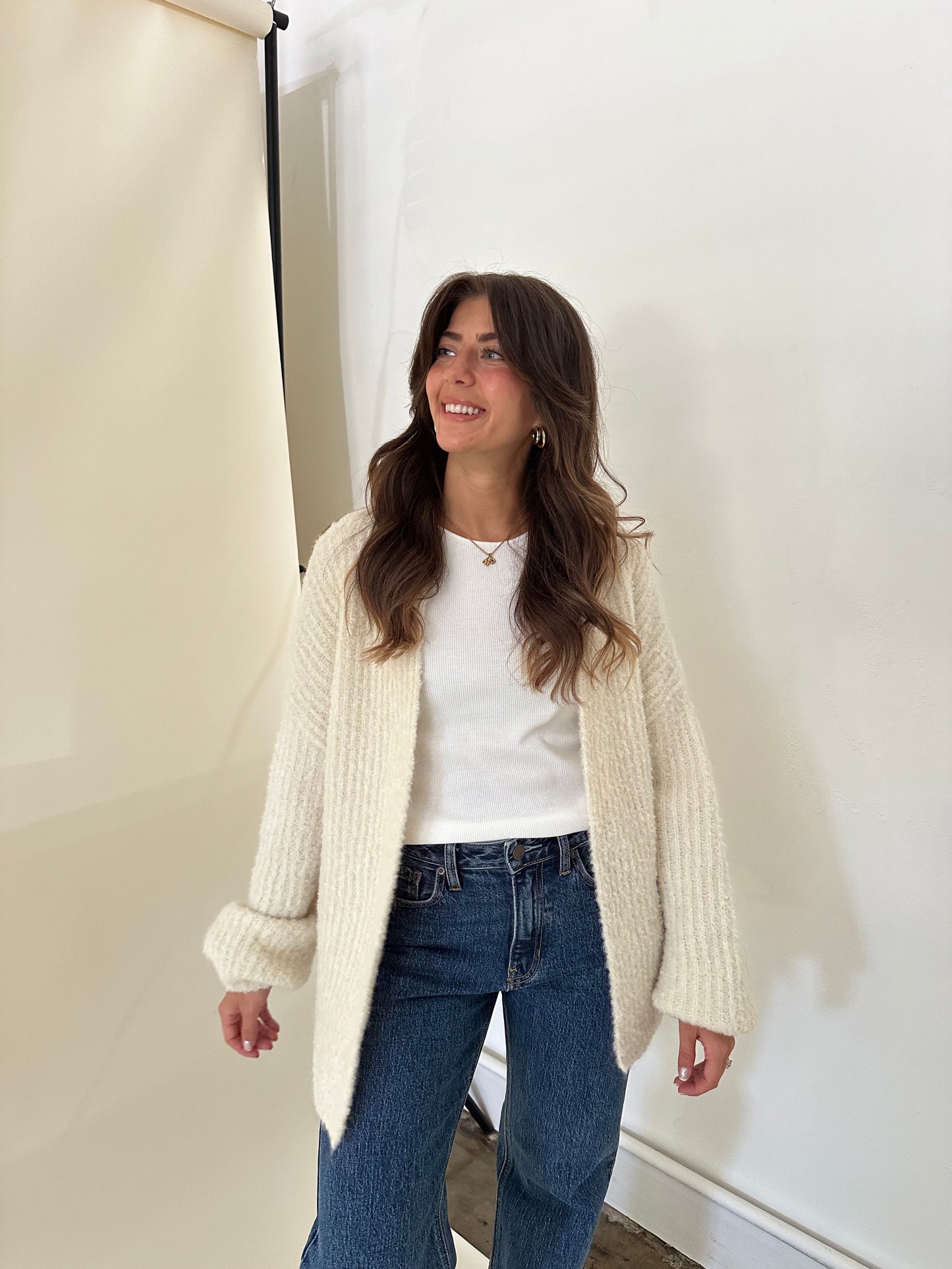 Darla Chunky Ribbed Open Wool Knit Cardigan (Cream)