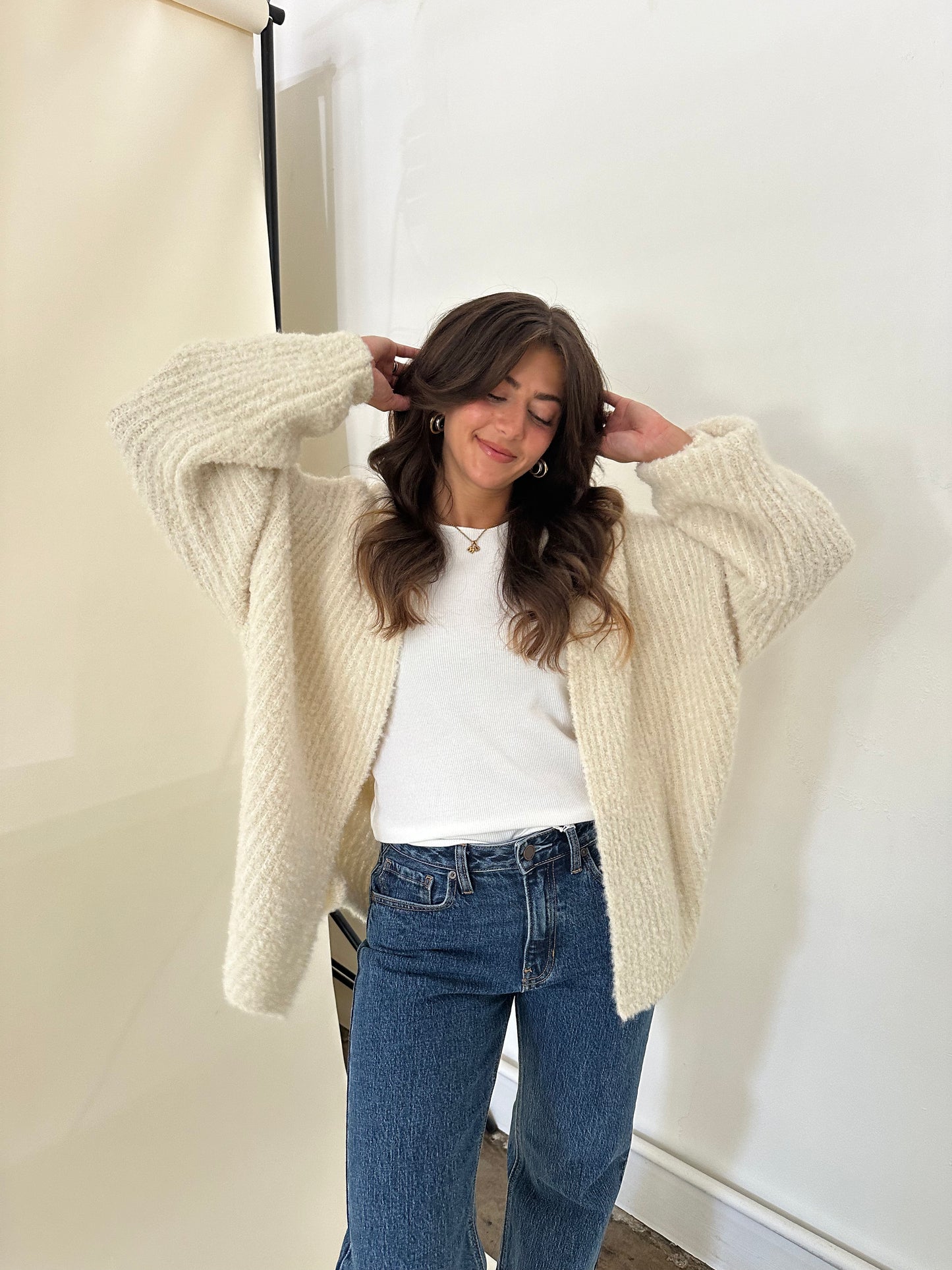 Darla Chunky Ribbed Open Wool Knit Cardigan (Cream)