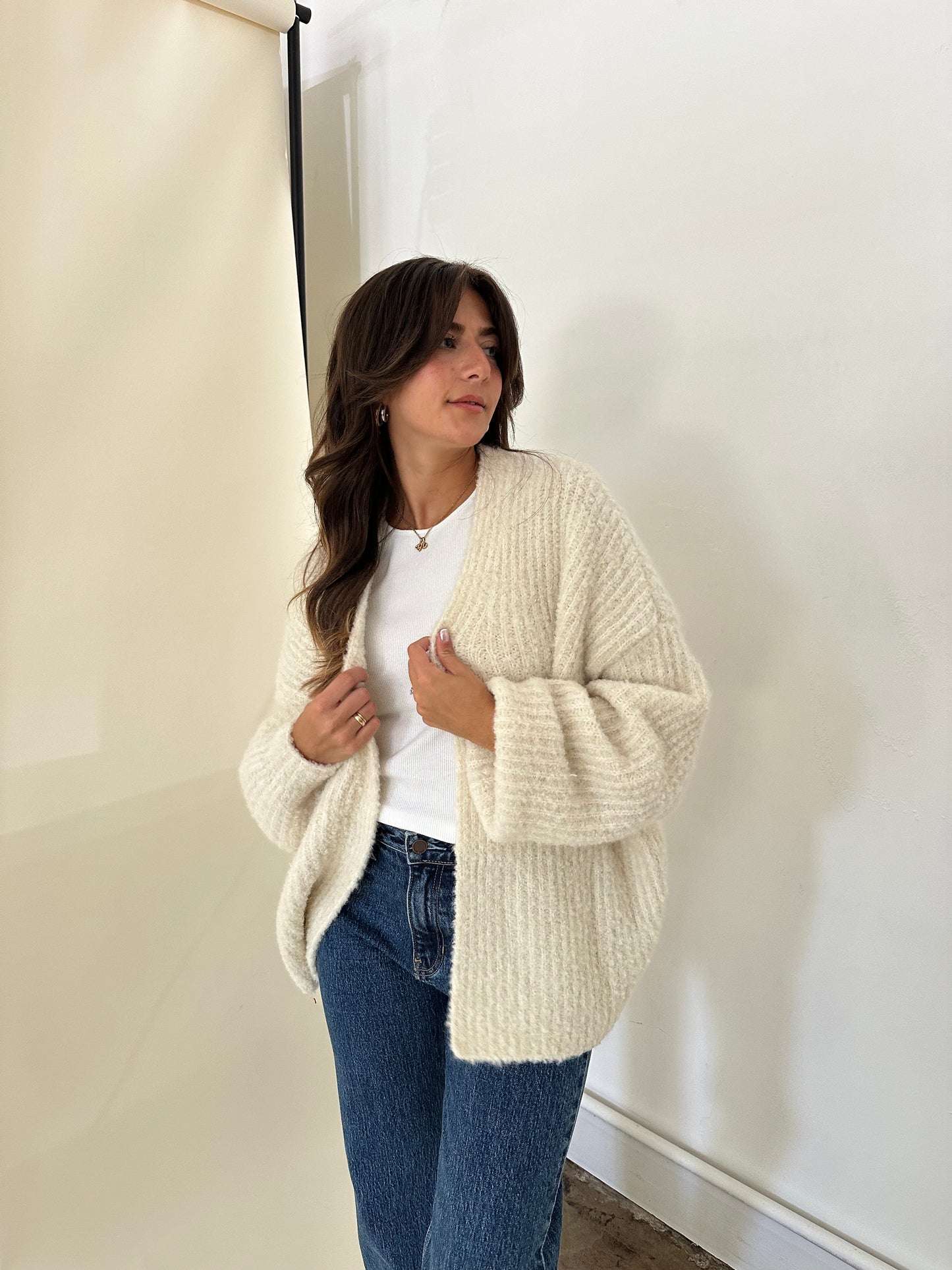 Darla Chunky Ribbed Open Wool Knit Cardigan (Cream)