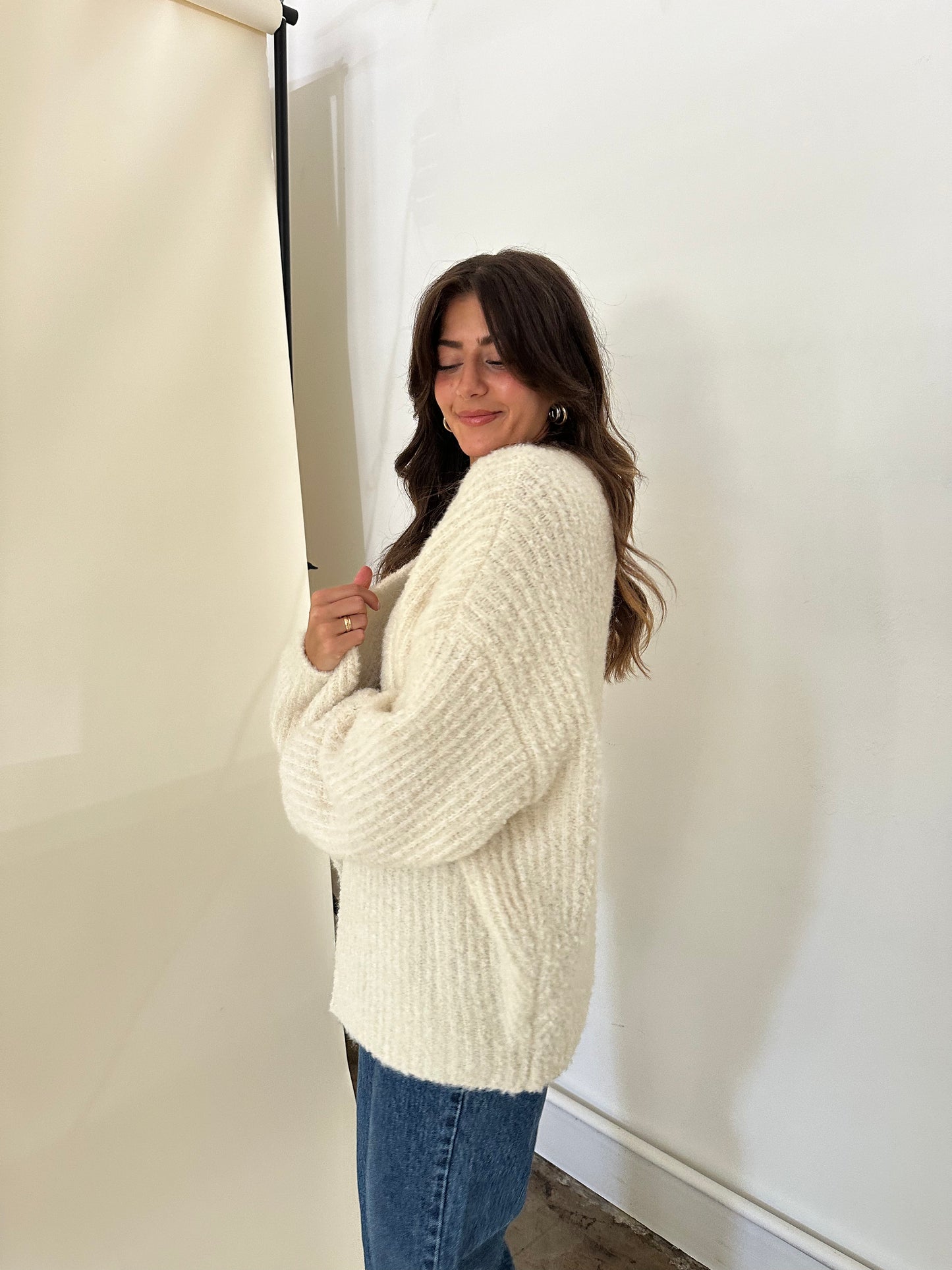 Darla Chunky Ribbed Open Wool Knit Cardigan (Cream)