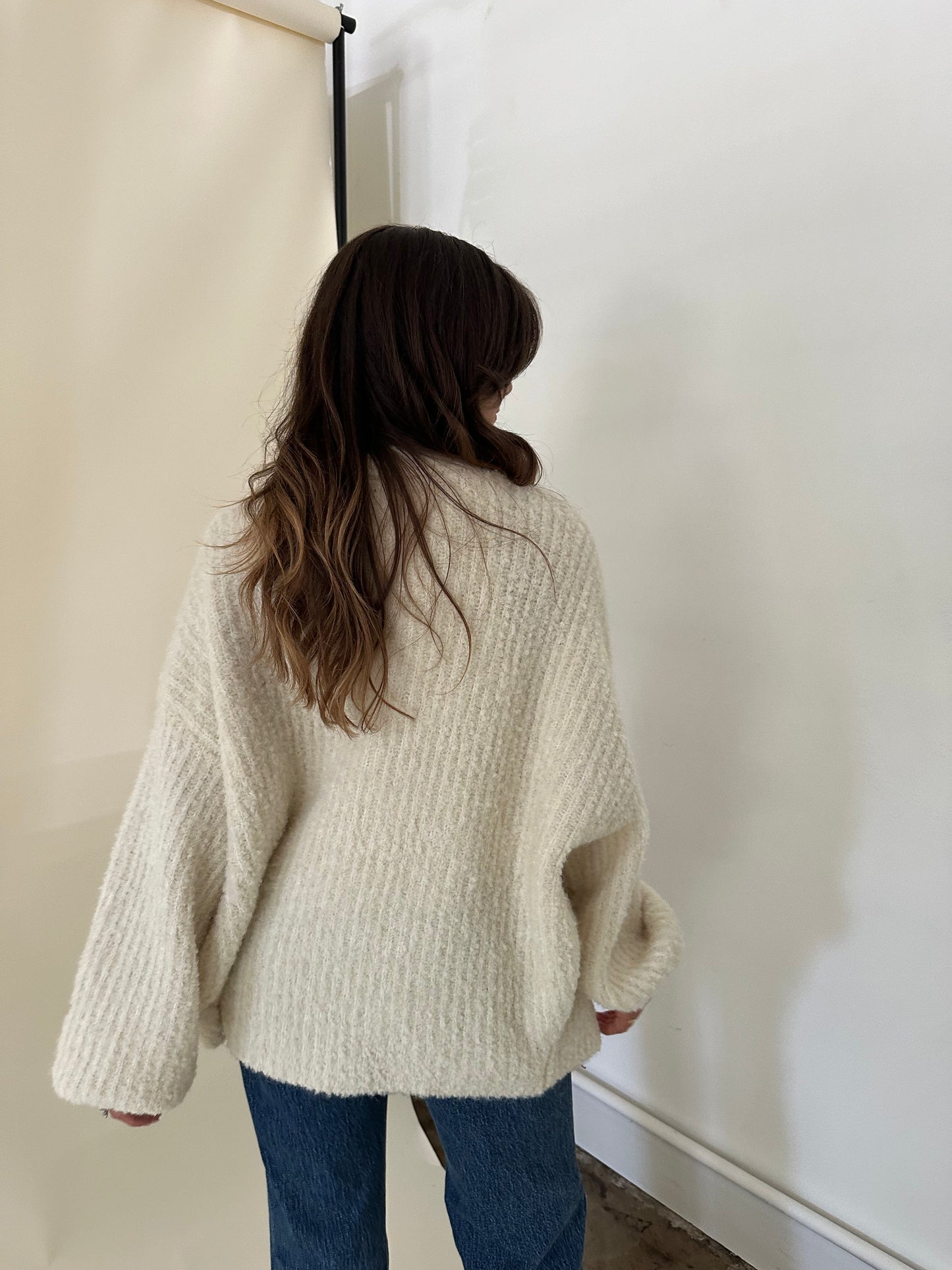 Darla Chunky Ribbed Open Wool Knit Cardigan (Cream)