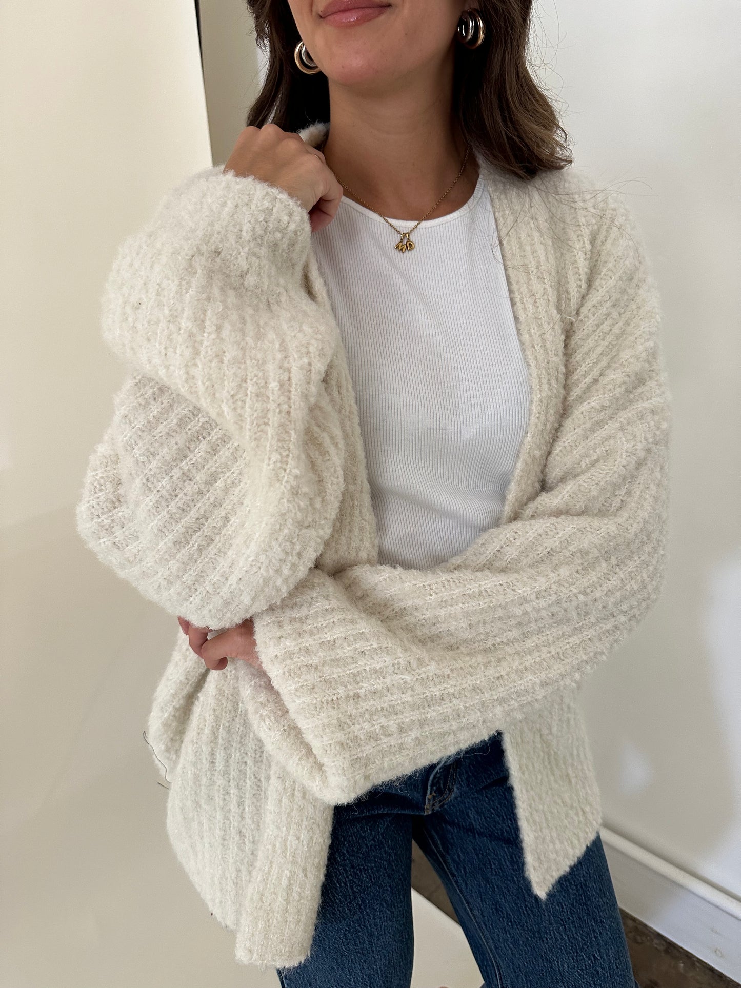 Darla Chunky Ribbed Open Wool Knit Cardigan (Cream)