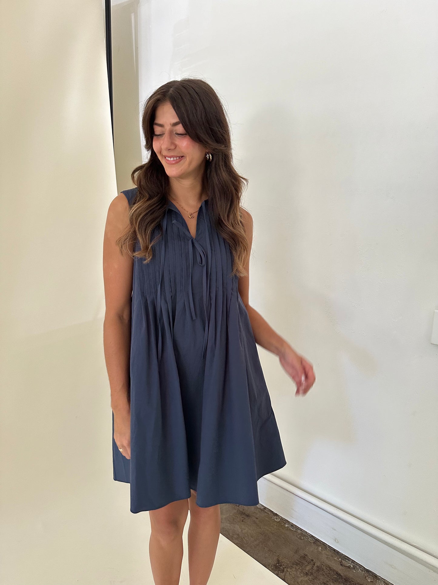 Charlotte Pintuck Poplin Cotton Mini Dress (Navy)