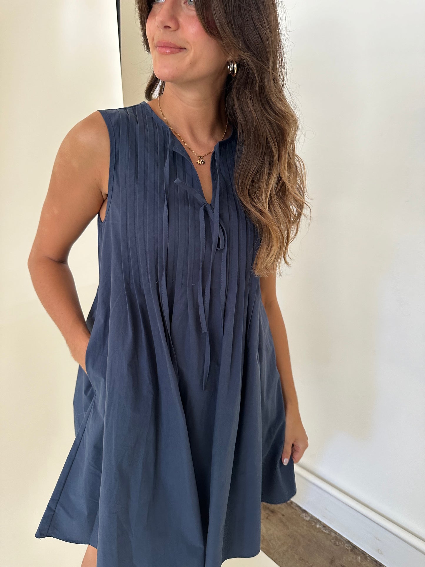 Charlotte Pintuck Poplin Cotton Mini Dress (Navy)