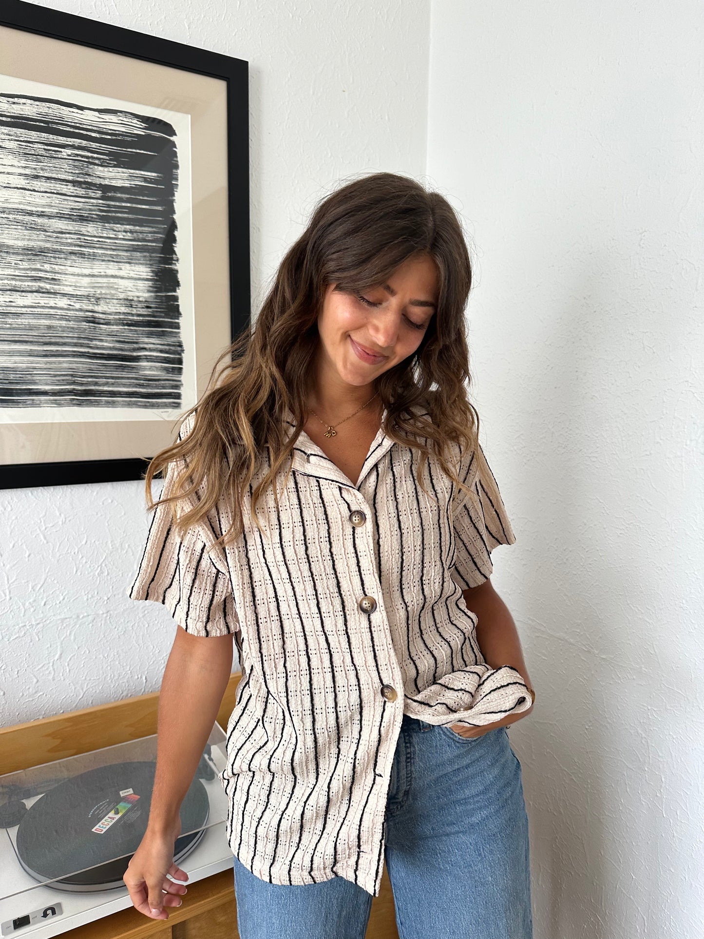 Bailey Rose Emma Black Striped Button Collar Top