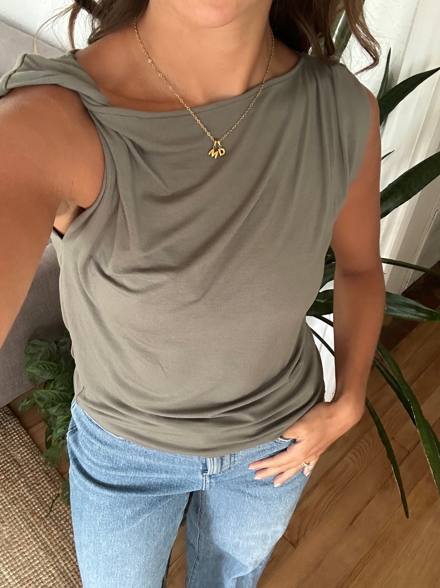 Ella Twist Shoulder Soft Knit Tank Top (Green)
