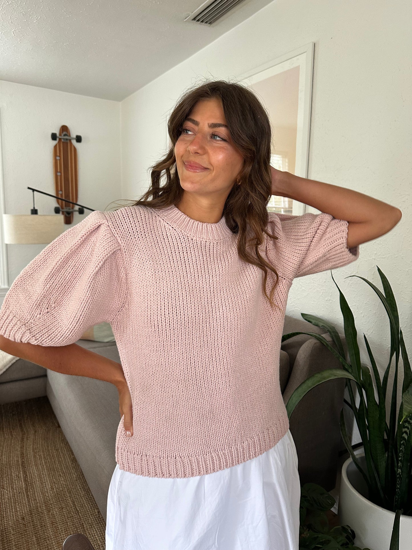 Everly Woven Knit Puff Sleeve Top (Pink) L