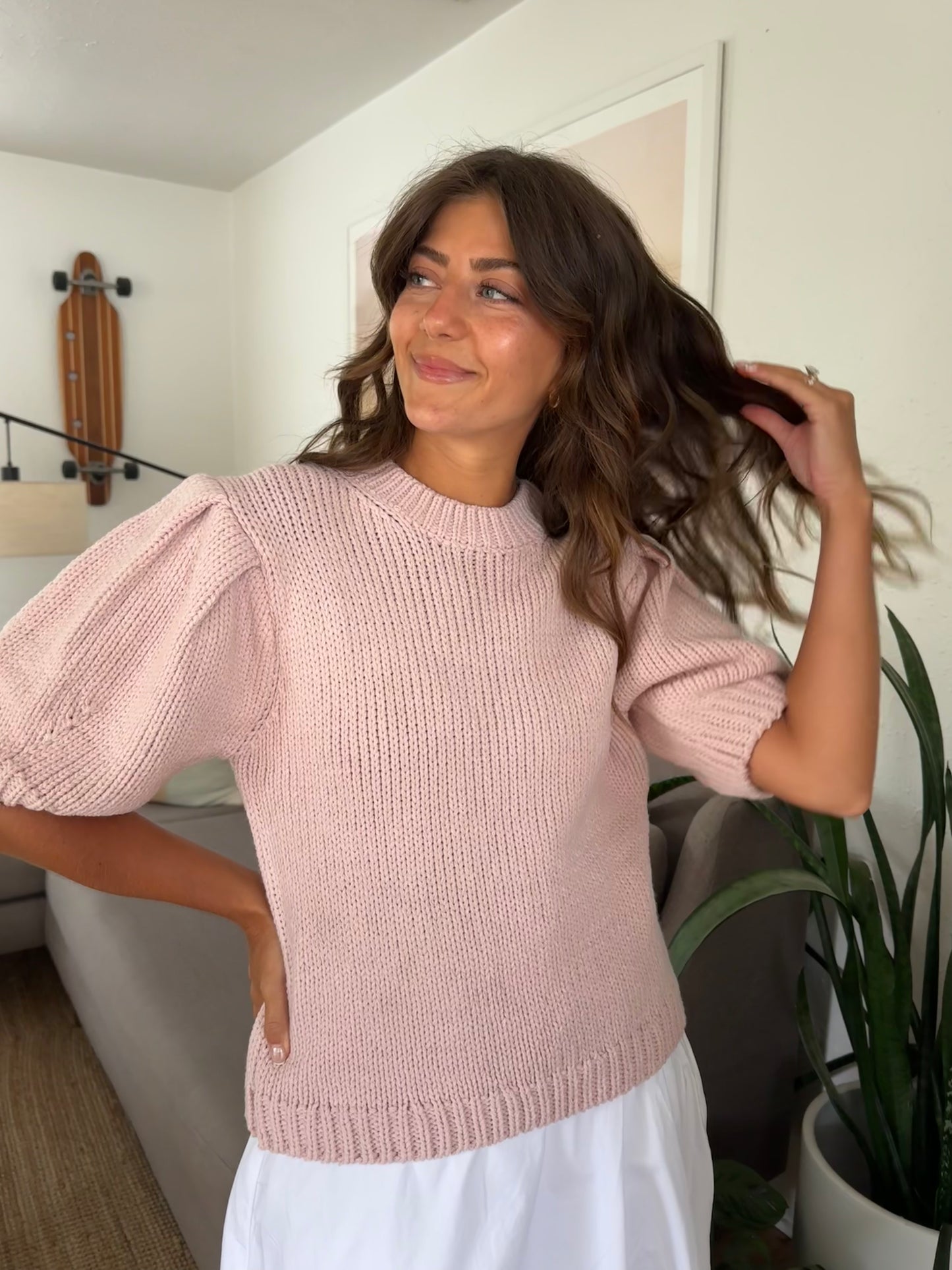 Everly Woven Knit Puff Sleeve Top (Pink) L