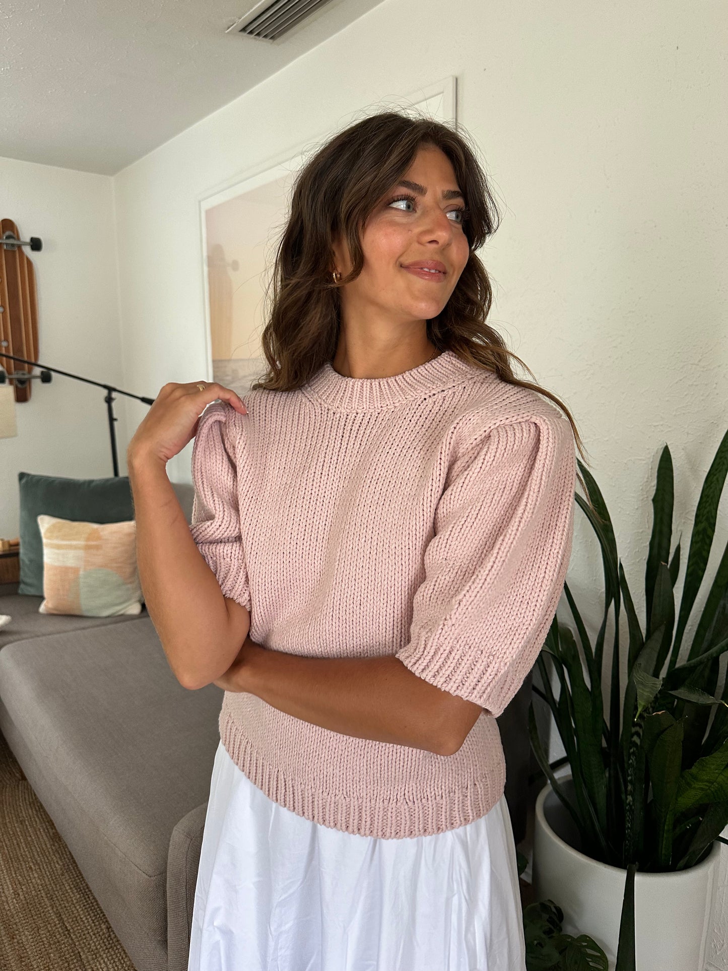 Everly Woven Knit Puff Sleeve Top (Pink) L