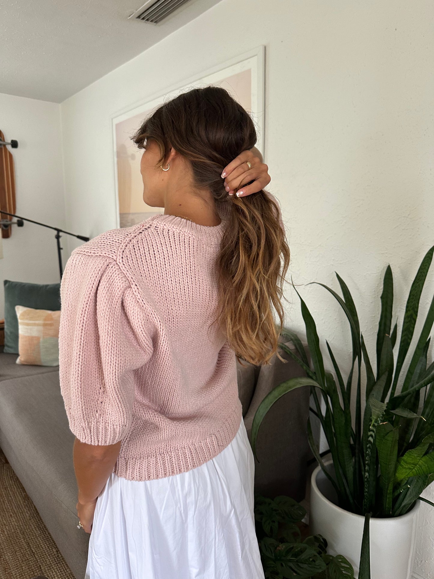 Everly Woven Knit Puff Sleeve Top (Pink) L
