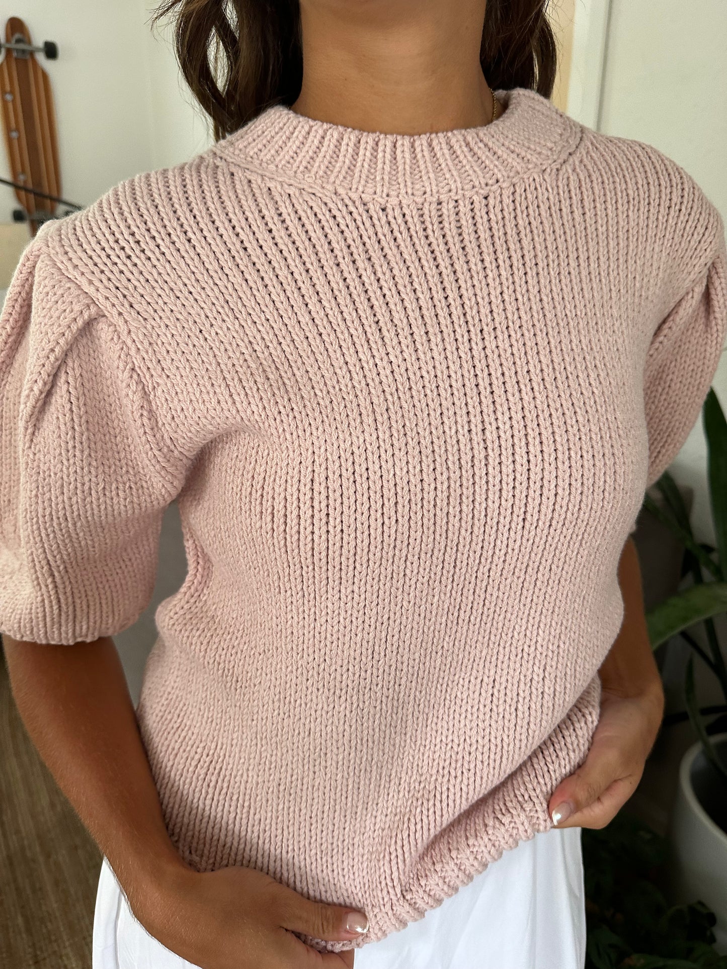Everly Woven Knit Puff Sleeve Top (Pink) L