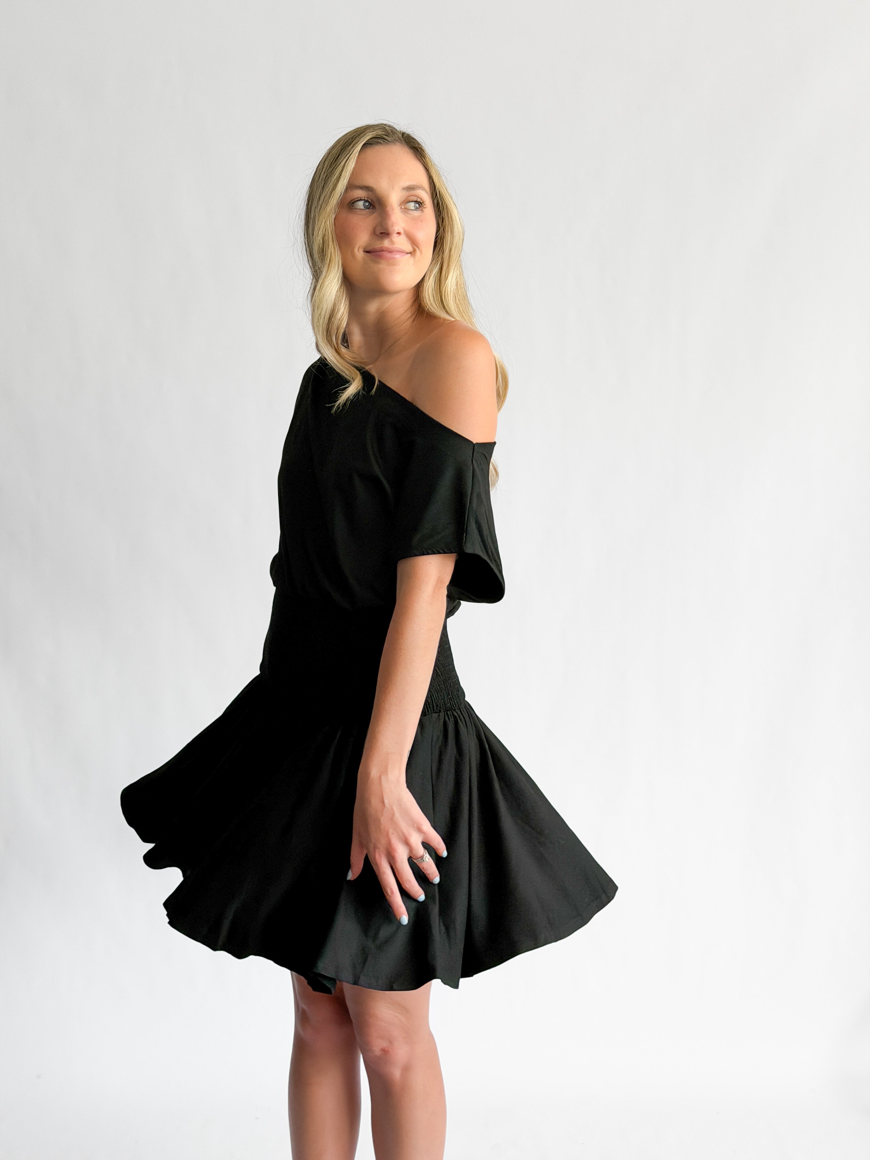 By Together Ursula Black Knit Spandex Asymmetrical Mini Dress