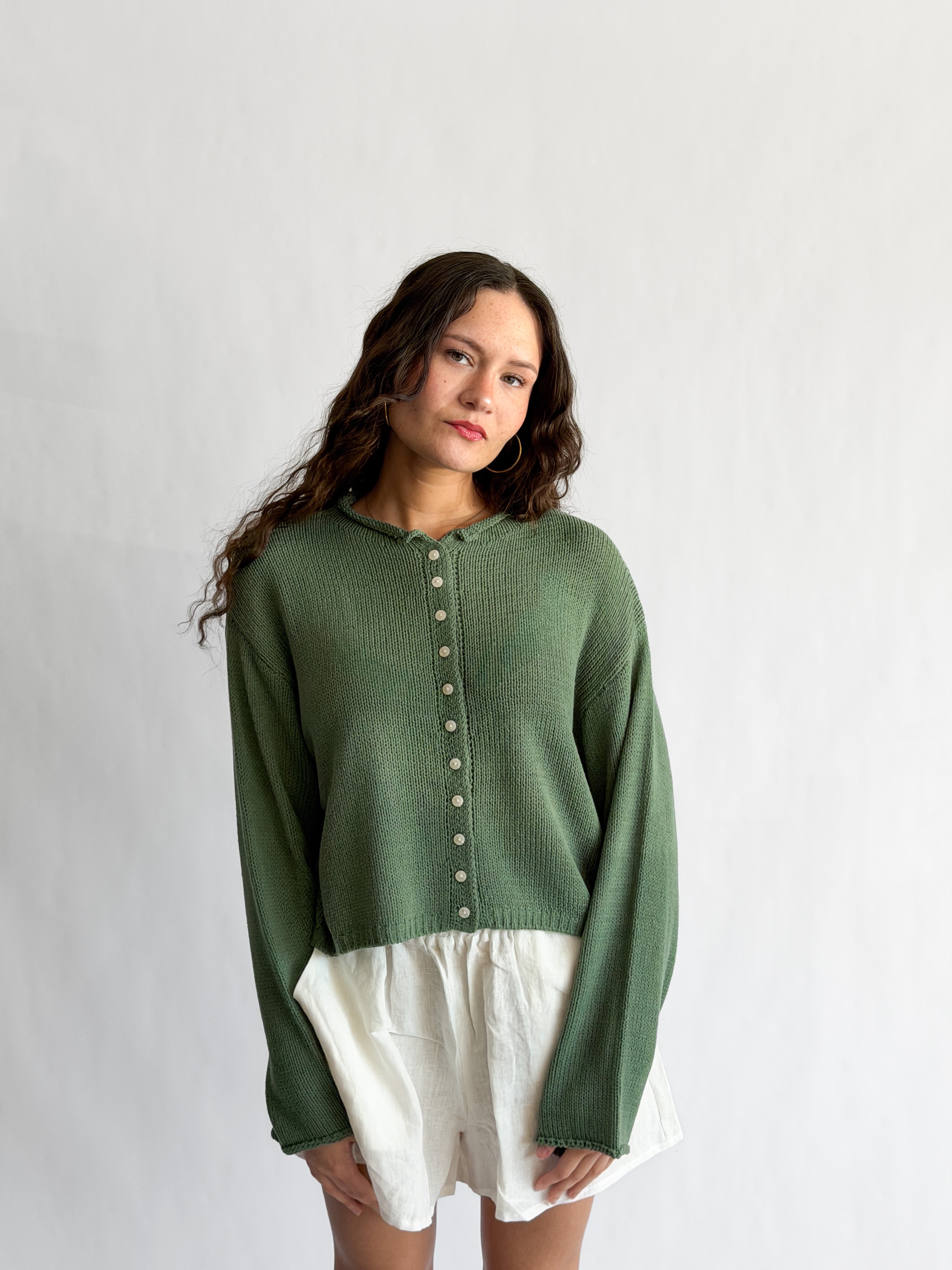 Miou Muse Wyatt Ivy Green Woven Knit Buttoned Cardigan – Momni