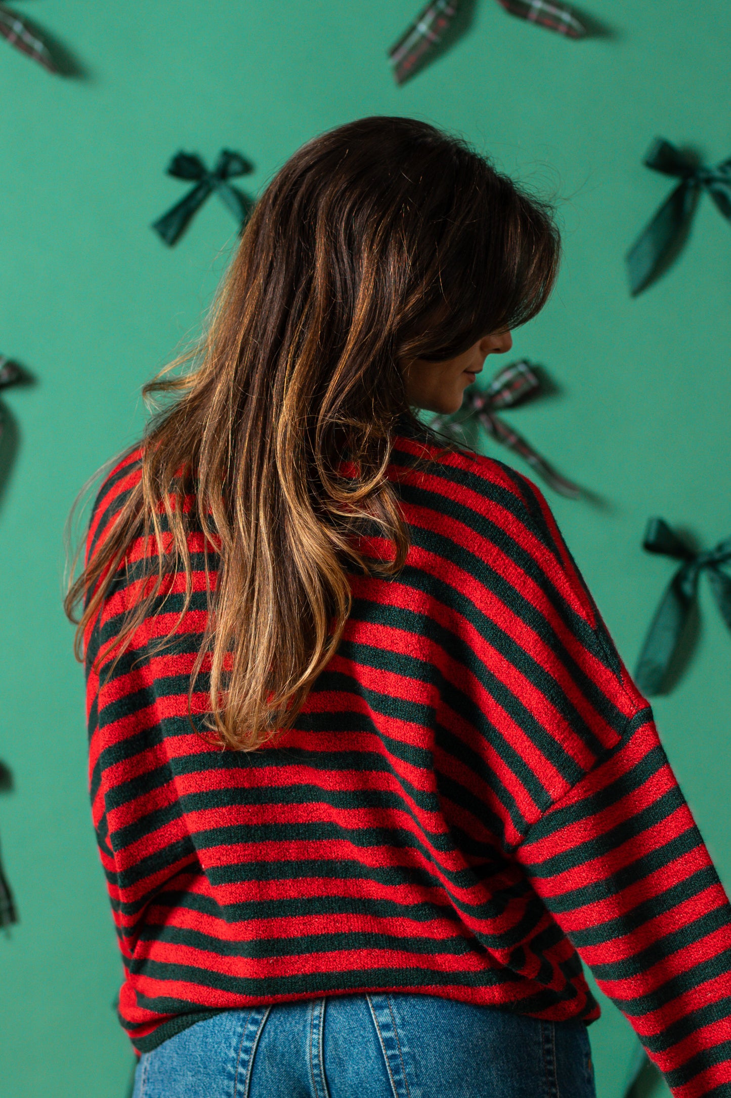 Things Between Piper Knit Rolled Hem Button Cardigan (Green/Red Stripe)