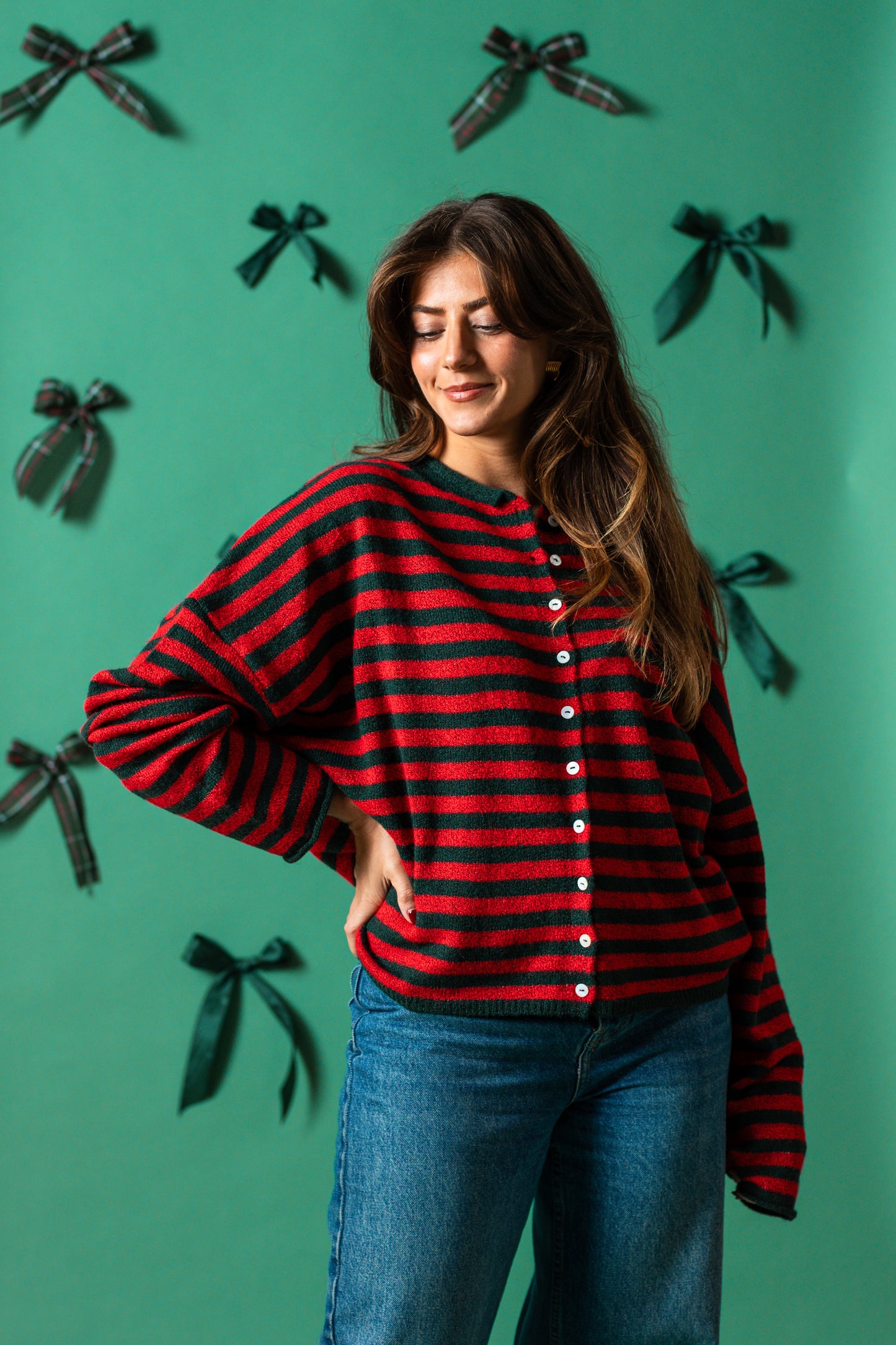 Things Between Piper Knit Rolled Hem Button Cardigan (Green/Red Stripe)