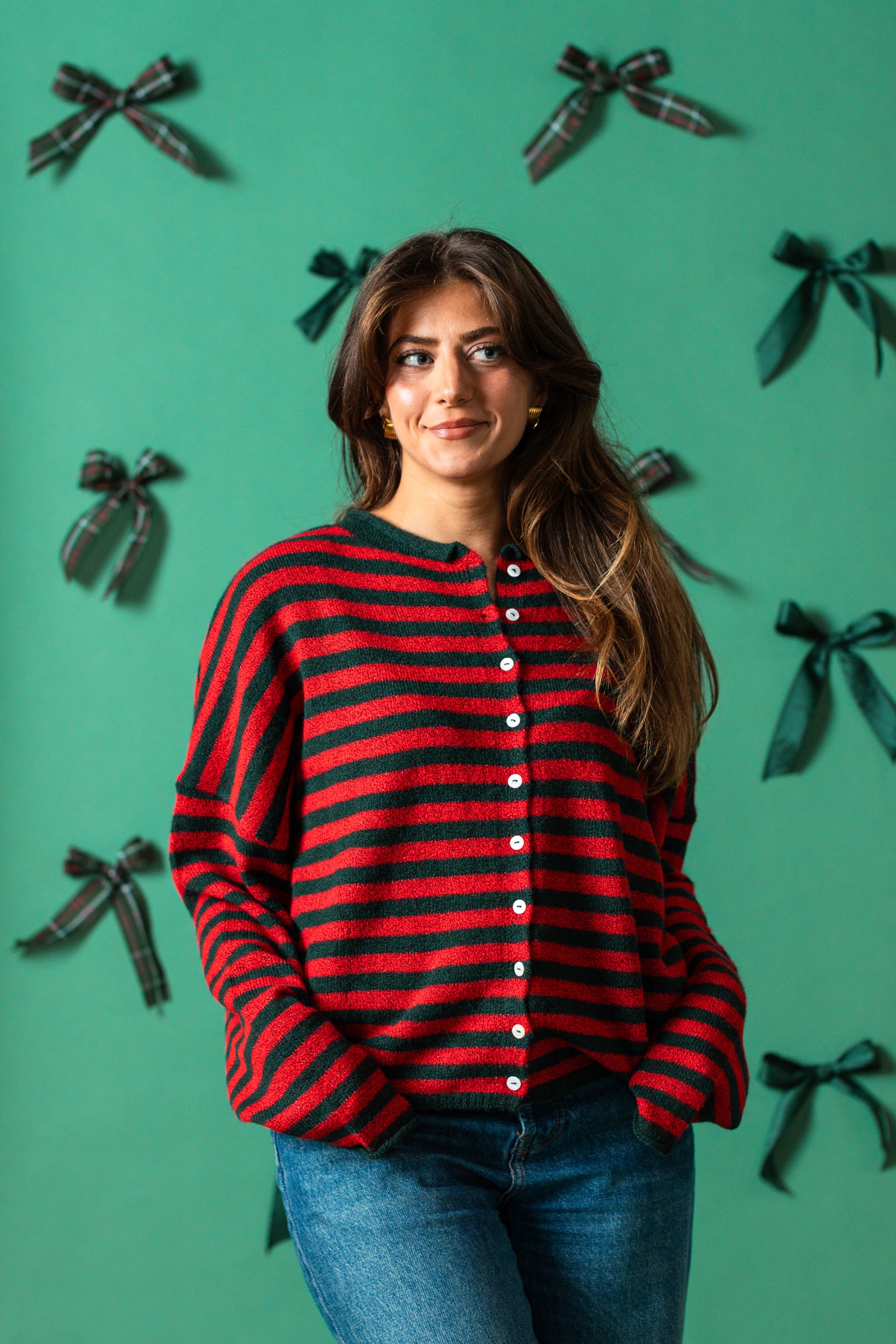 Things Between Piper Knit Rolled Hem Button Cardigan (Green/Red Stripe)